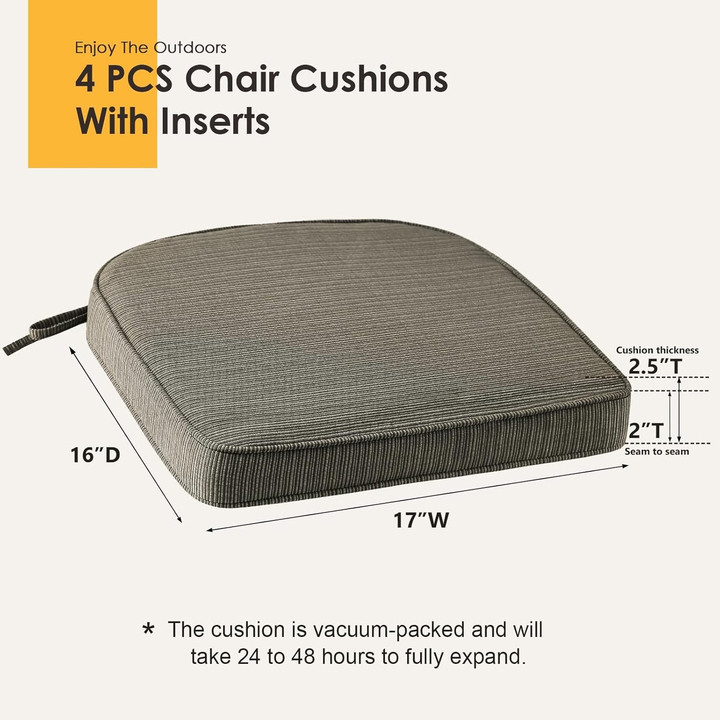 Outdoor Outdoor Round Corner Seat Cushion, 17"x16"x2", Set of 4, Non Slip Seat Cushion Pads with Removable Cover for Patio Furniture, Garden Yard Lawn, Dark Black Tan Stripe