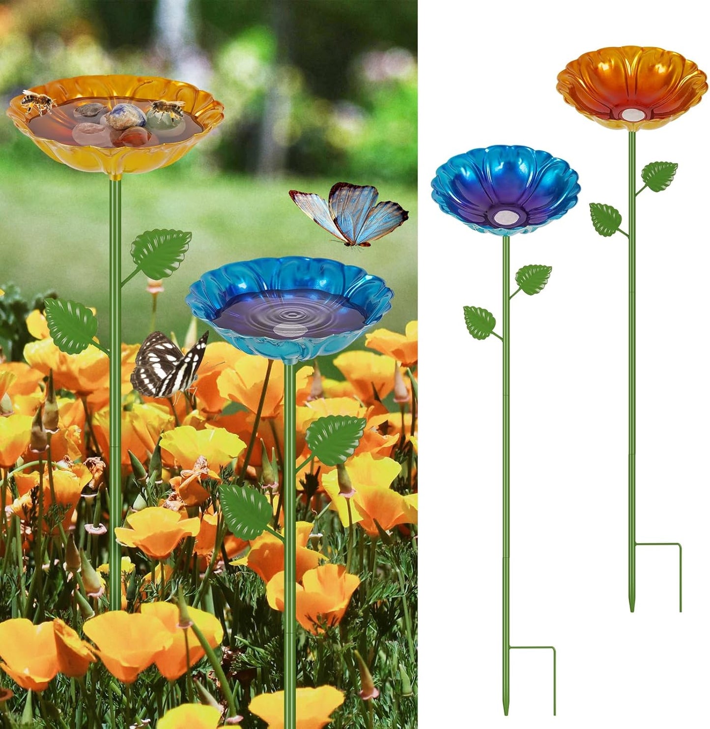 Bee Watering Station for Garden, 4 Pack Bee Drinking Station with Heart-Shaped Flower, Metal Butterfly Feeder Bee Baths for Outdoor Garden Yard Decor (Blue,Yellow)