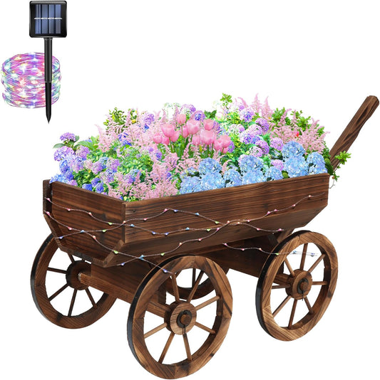 Wood Wagon Planter with Light for Outdoor Balcony Decor - Garden Rustic Wooden Flower Cart with Wheels for Outside Garden Decor Wheelbarrow Planter for Patio Christmas Decoration Gift Car