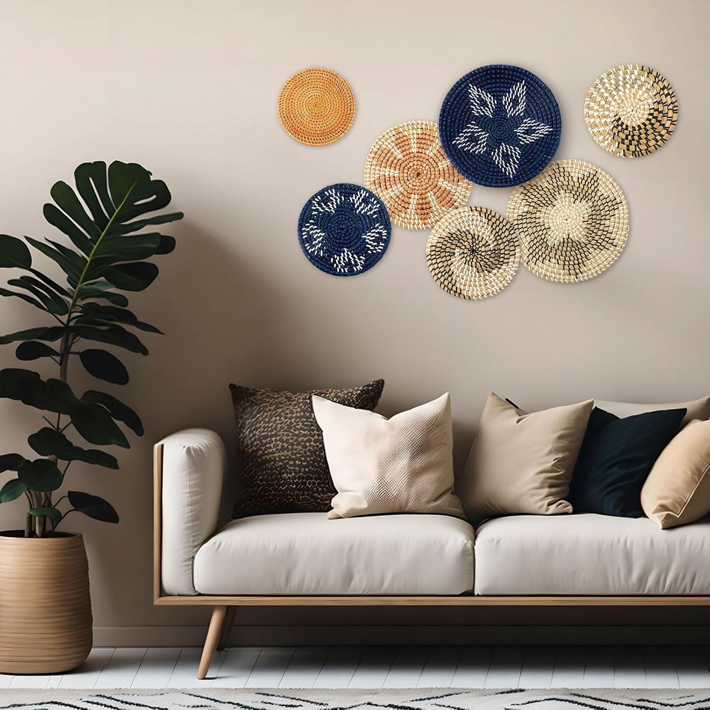 Xuhal Set of 8 Hanging Woven Wall Basket Handmade Decorative Rustic Boho Basket Decor Handcrafted Wicker Round Seagrass Wall Art for Home Kitchen Farmhouse Table Living Room