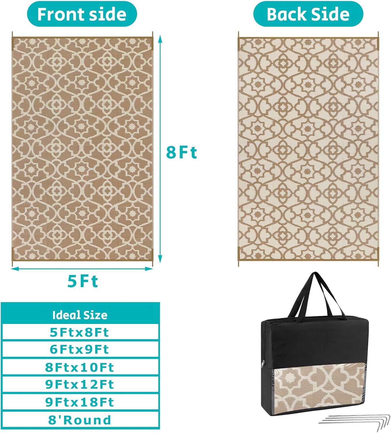 HEBE Outdoor Rug Waterproof 5x8, Plastic Straw Rug Camping Rug, Reversible Outdoor Patio Rugs RV Mat Clearance, Indoor Outside Floor Carpet for Porch,Deck,Camper,Balcony,Backyard