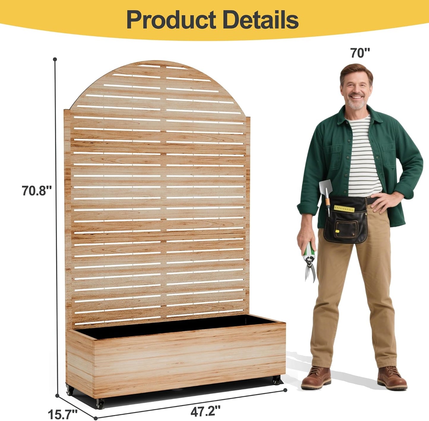 Raised Garden Bed with Arched Trellis and Wheels,73"x47"x16" Metal Raised Garden Bed,Acacia Finish Metal Planter with Climbing Trellis for Vines & Vegetables