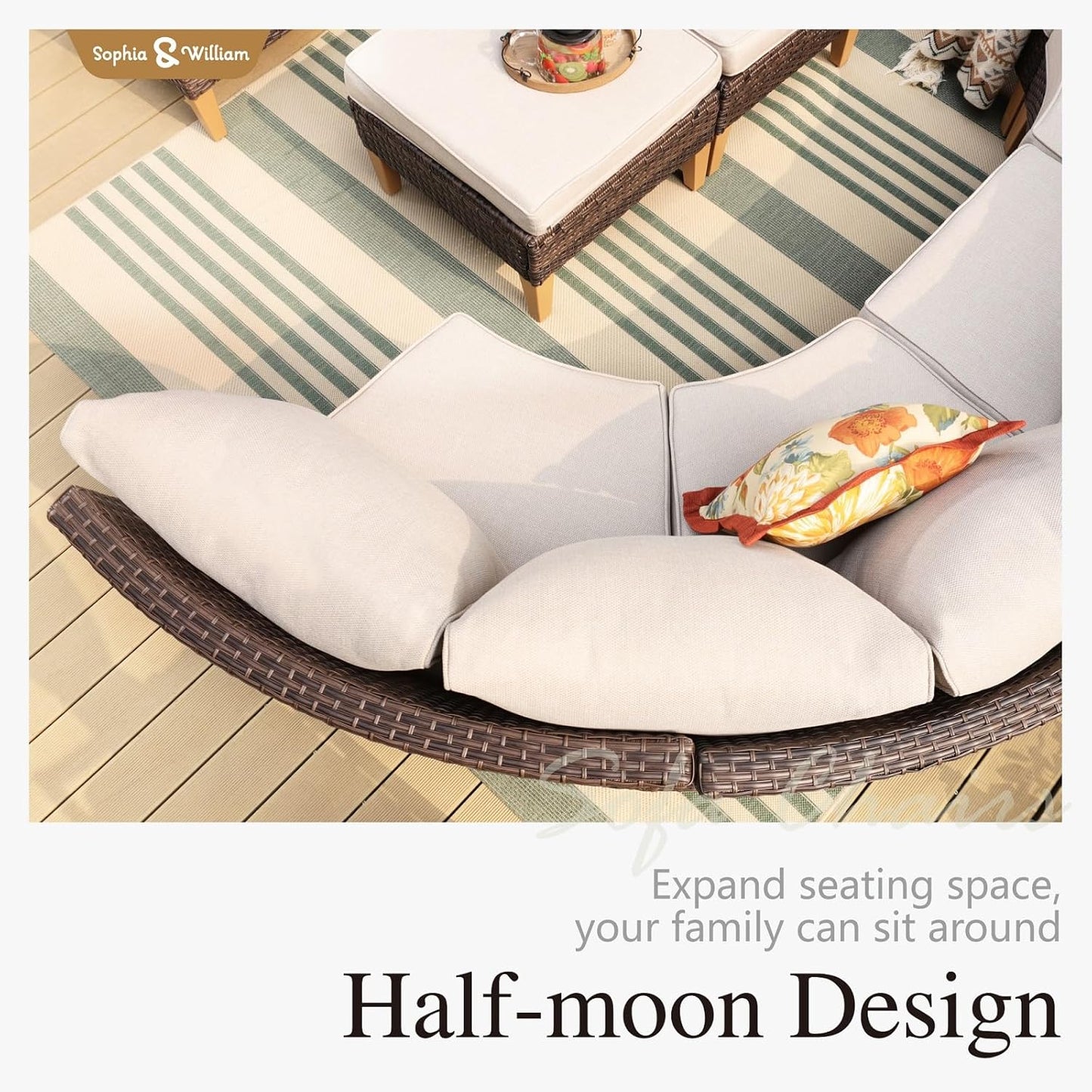 Sophia & William Patio Furniture Set with Fire Pit Table, 11 Piece Half Moon Outdoor Wicker Sectional Sofa Set, Rattan Conversation Set with 56-Inch Fire Pit Table & Ottoman (Beige)