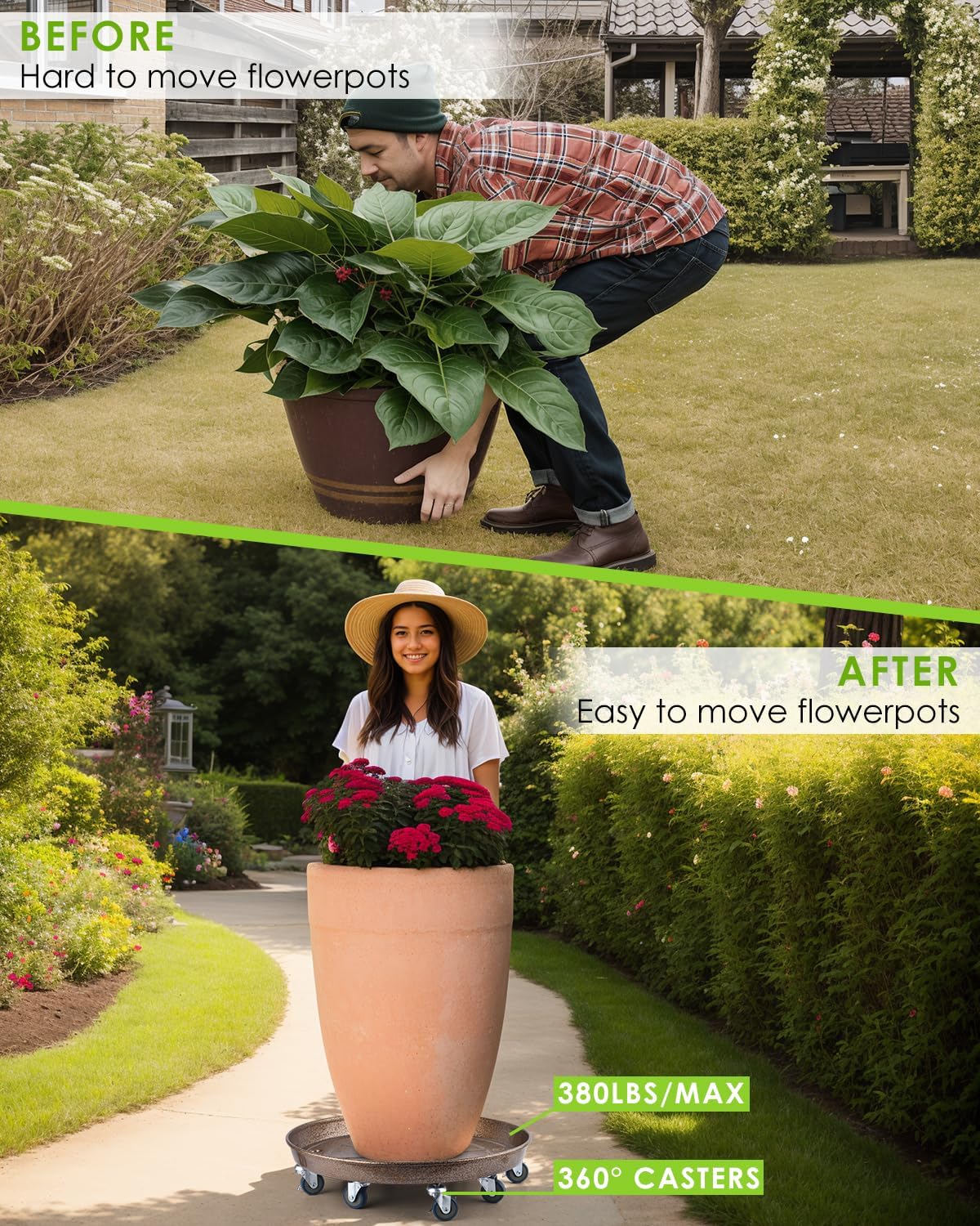 PACETAP 2Pack 20'' Extra Large Plant Stand with Lockable Wheels, Heavy-Duty Metal Plant Caddy with Casters for Indoor and Outdoor