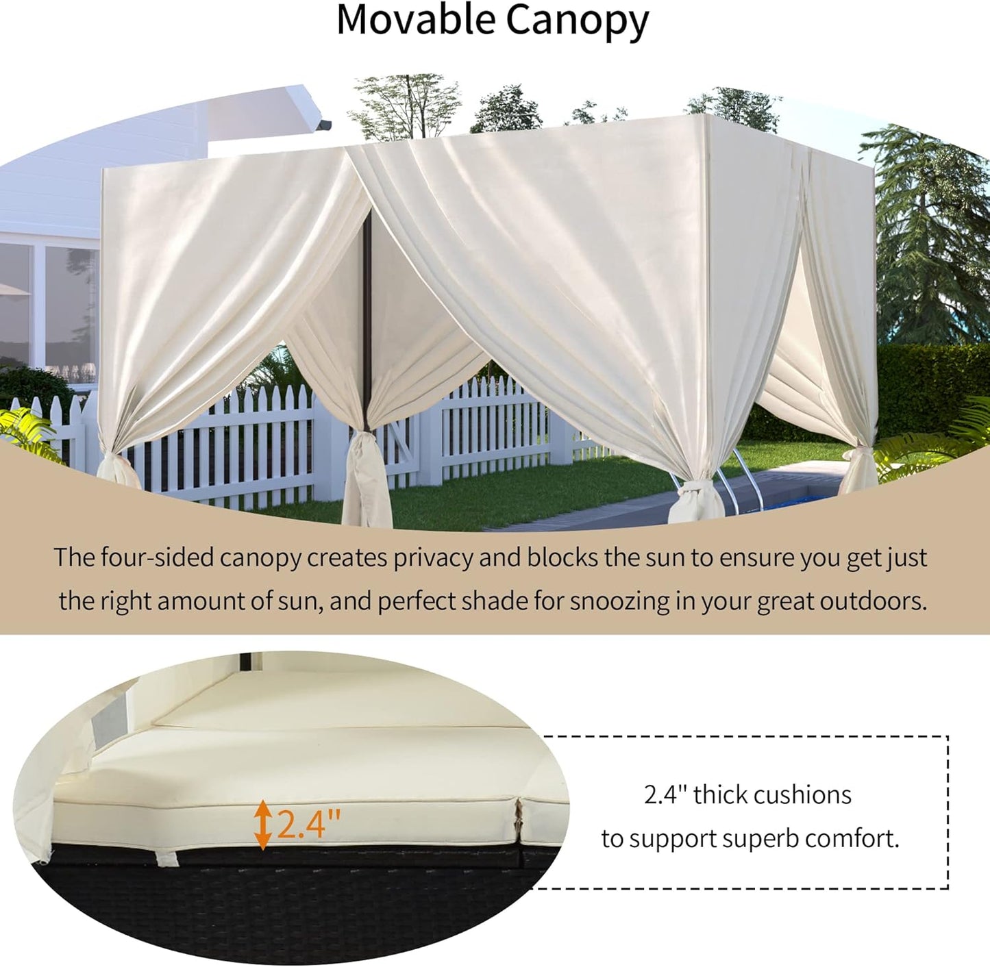 Patio Chaise Lounge, PE Rattan Outdoor Patio Wicker Sunbed Daybed with Adjustable Seats, Four-Sided Canopy, Overhead Curtain and Beige Cushions for Backyard, Garden, Poolside (for 2-6 People)