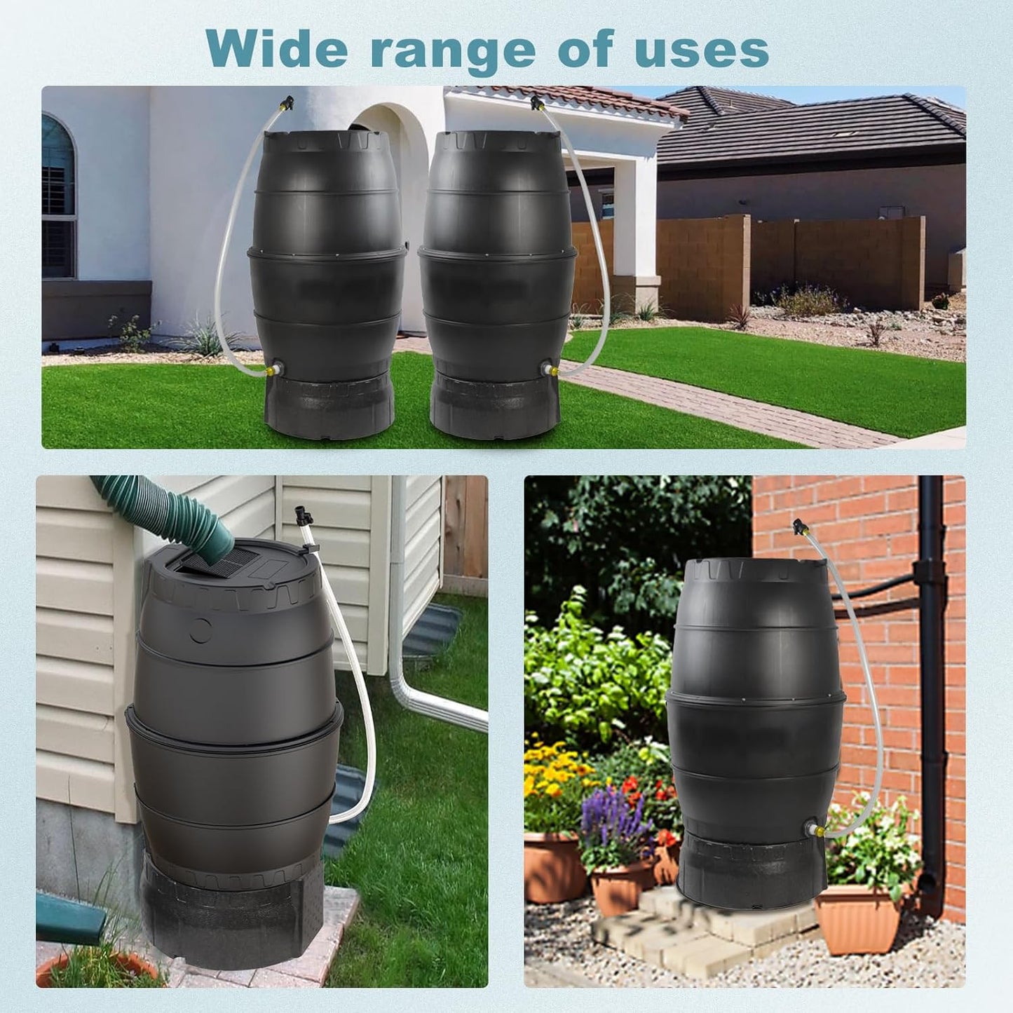 SQUEEZE master 50 Gallon Rainwater Collection Barrel with Stand-BPA Free Home Rain Catcher with Outlet Hose-Flatback Designed Water Storage Collection Barrel for Gardens and Plants