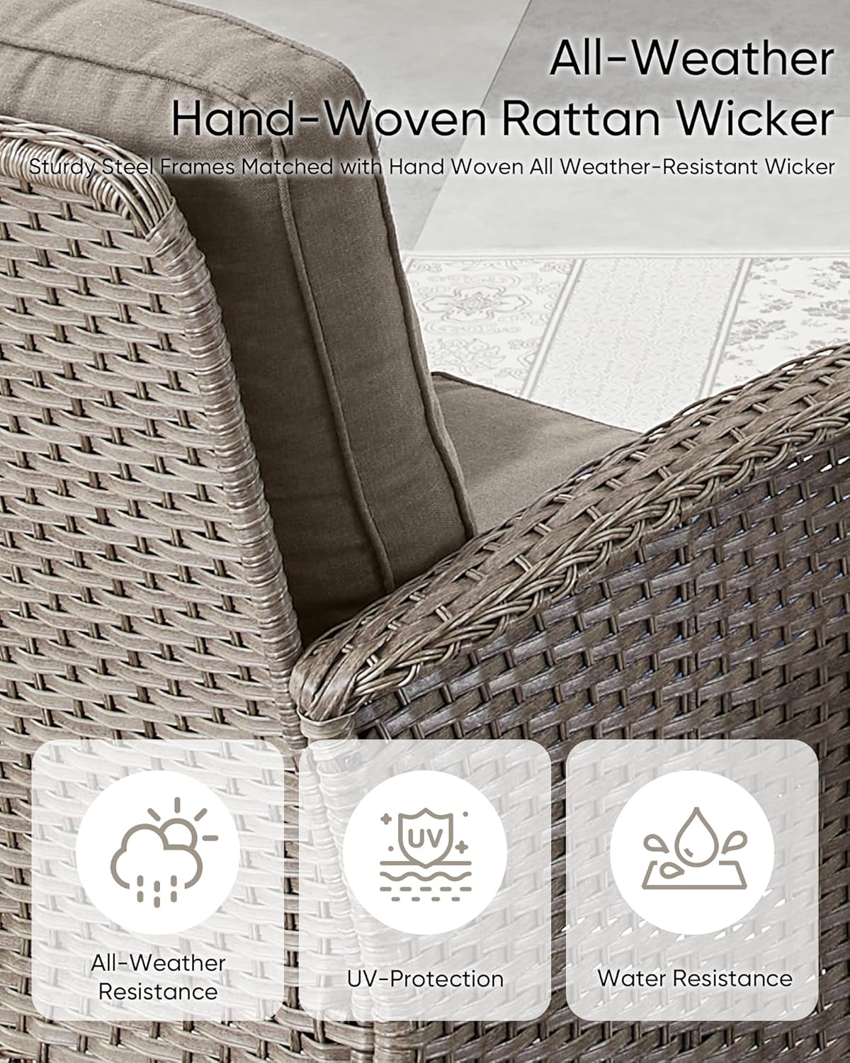 HUMMUH Outdoor Patio Couch-Outdoor Rattan Couch with Thick Cushions Outdoor Sofa for Deck Lawn Porch Balcony Poolside-Grey/Grey