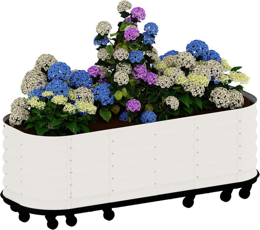 95x24x20in Galvanized Raised Garden Bed with Wheels & Water Reservoir – Durable Outdoor Planter Box, Elevated Raised Beds for Gardening, Portable Garden Box for Indoor/Outdoor Plants,White