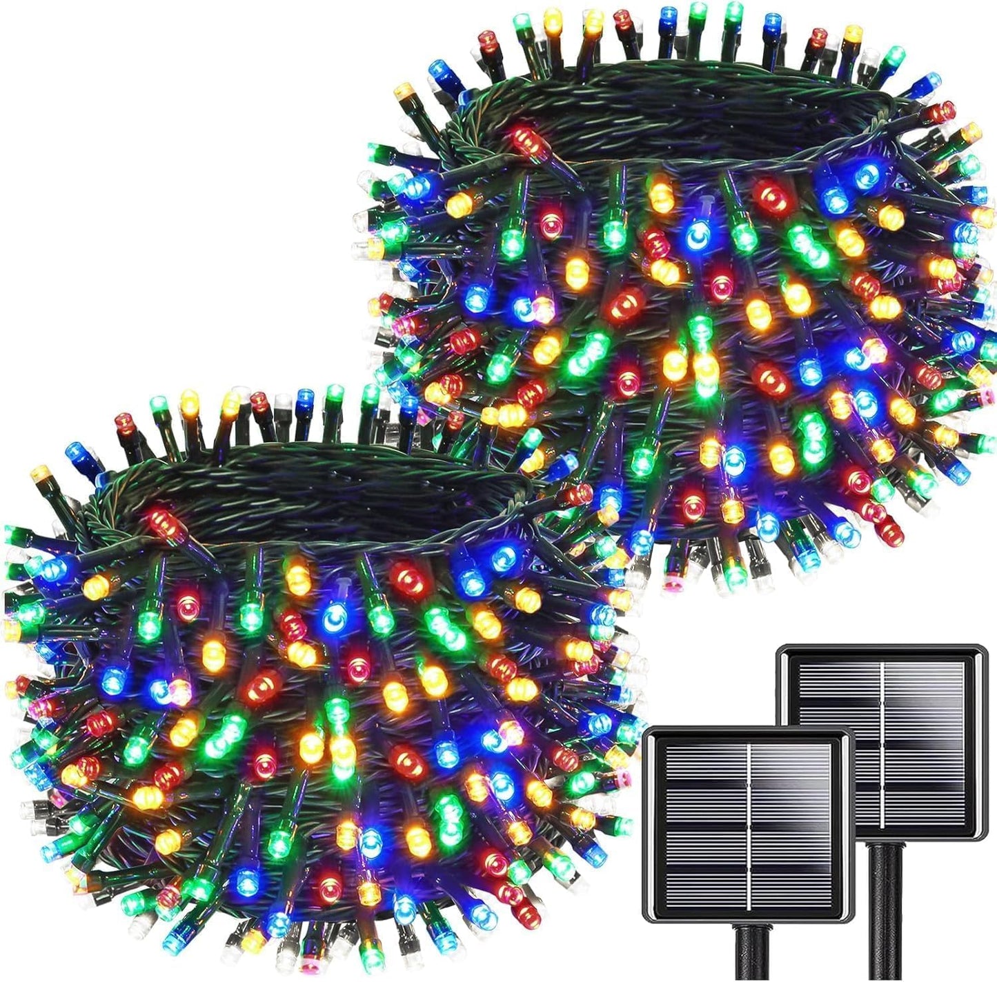 Multicolor Solar String Lights Outdoor Waterproof 2PK 200LED 66FT Twinkle Lights Auto On/Off Solar Powered LED Fairy Light Green Wire with 8 Modes for Christmas Tree Party Decorations (Multicolor)