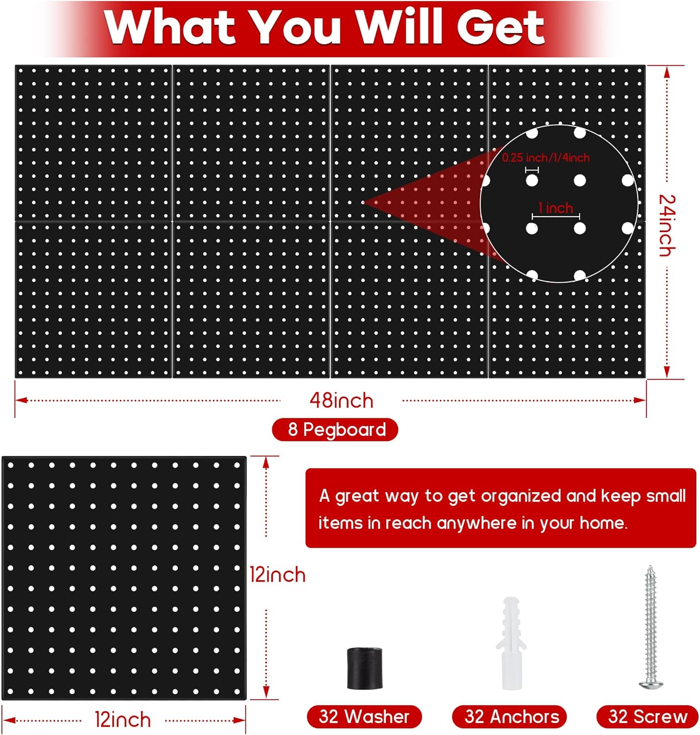 Pegboard Panels 8 Packs Metal Black, Heavy Duty Steel Peg Boards Wall Tool Organizer with Screw for Garage, Tool Storage, Office Organization, Craft Room, Kitchen