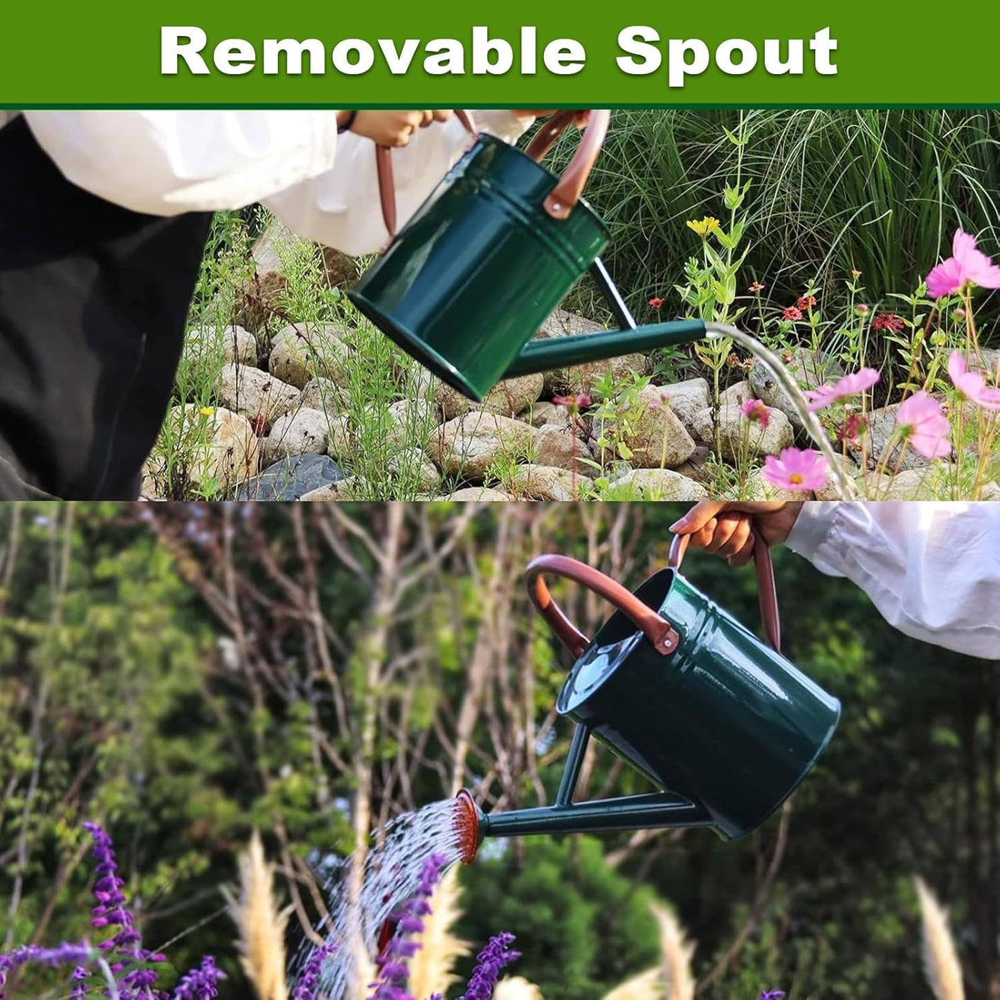 Metal Watering Can with Removable Spout, Galvanized Watering Can, Perfect for Indoor Use and for Outdoor Use (1 Gallaon, Green)