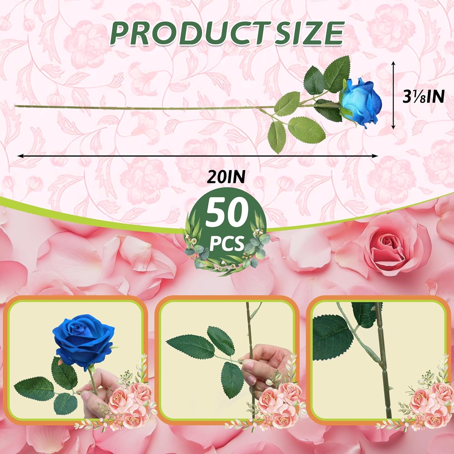 50 PCS Fake Blue Roses, Artificial Blue Flowers Realistic Silk Faux Rose with Stems for Wedding Decorations Romantic Gifts Anniversary Celebration Bridal Bouquets DIY Floral Arrangement Home Decor