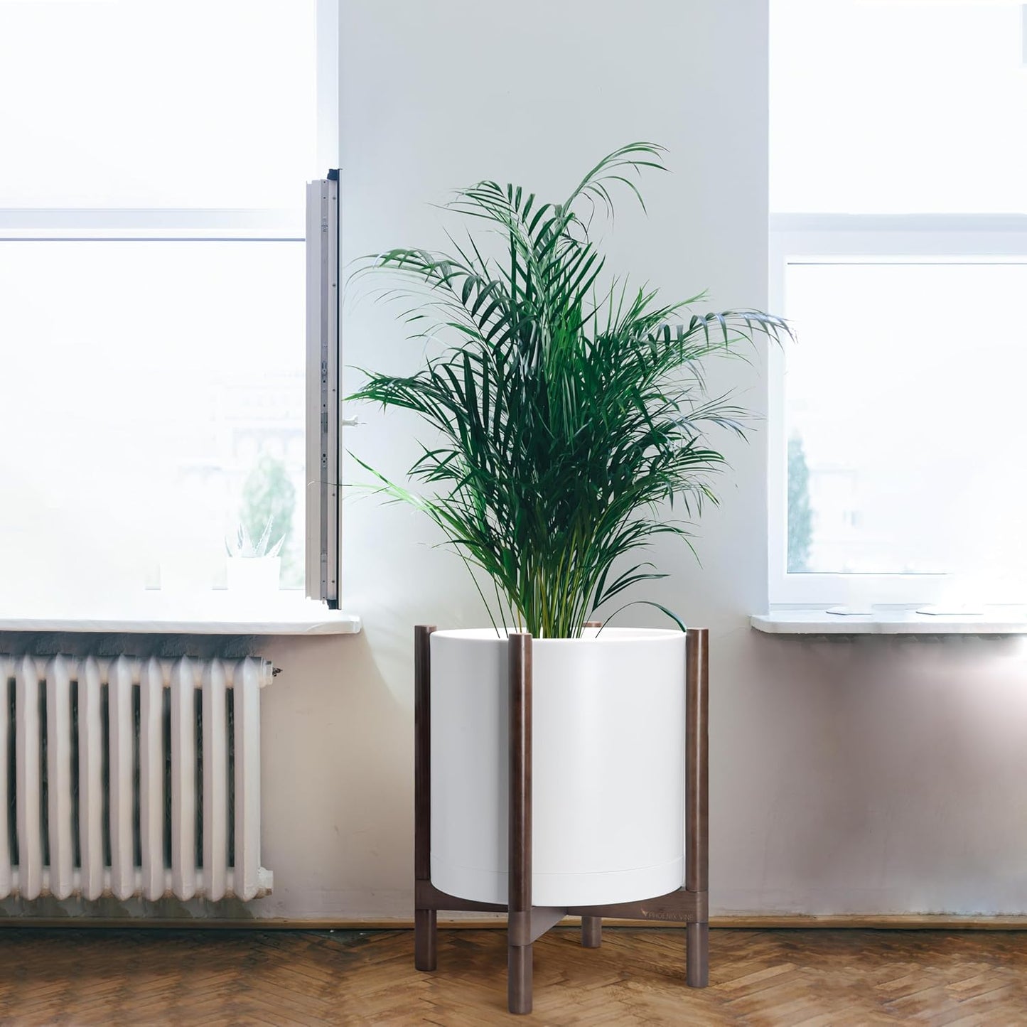 D'vine Dev Planter Pot with Stand - 16 Inch Plastic Cylinder Flower Pot with Wood Planter Holder for Indoor, Matte White Pot + Walnut Color Stand, 55-C-X-1