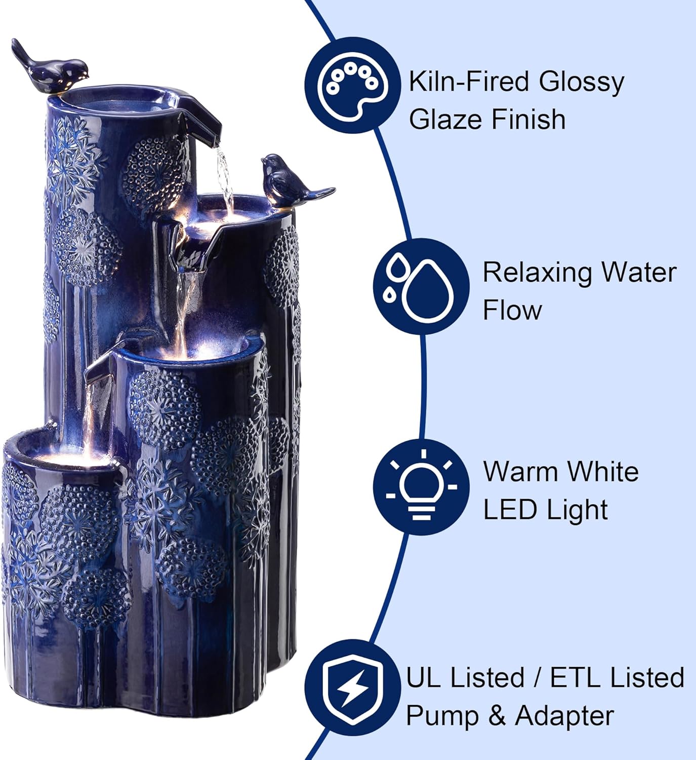 Glitzhome 32" H Outdoor Water Fountain with LED Lights and Pump, 4 Tier Ceramic Cobalt Blue Dandelion Texture Outdoor Fountains and Waterfalls with Cute Birds, for Porch Deck Garden Patio Backyard