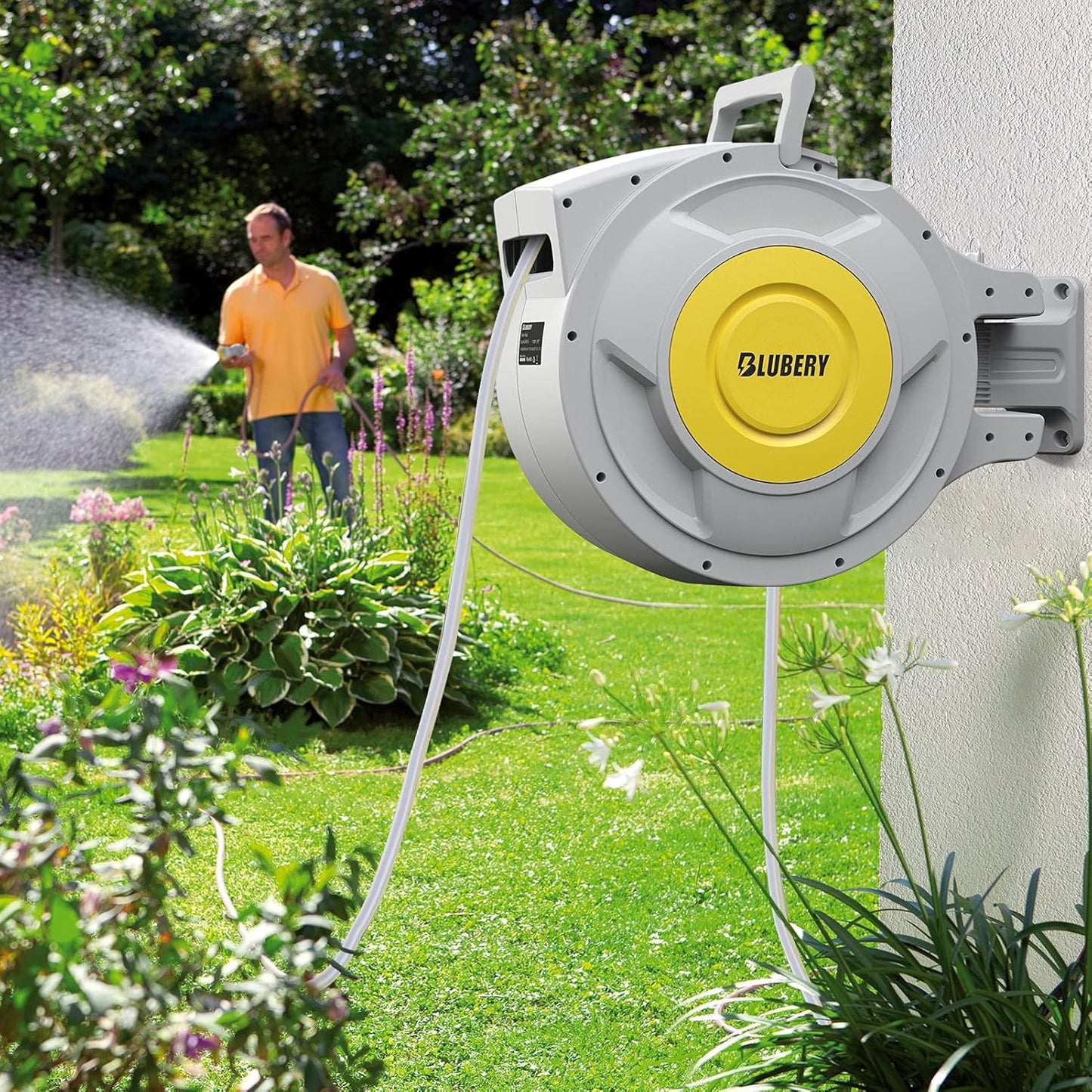BLUBERY 130+6.7ft x 1/2" Retractable Garden Hose Reel, 40.8LB Super Heavy Duty, Any Length Lock, Slow Return System, Wide Handle, Wall Mounted and 180° Swivel Bracket, GHR02A
