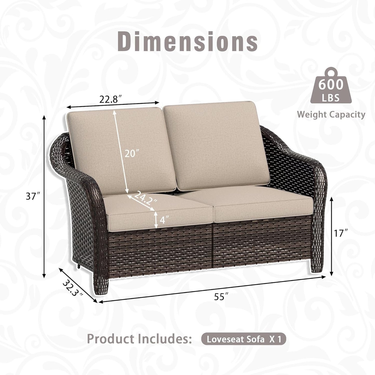 55 inch Outdoor Wicker 2 Seater Sofa, All-Weather Use Patio Rattan Loveseat with Seat and Back Cushion, Ideal for Porch, Backyard, Balcony, Poolside, Beige