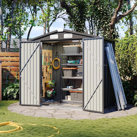Aoxun 6'x4' Outdoor Storage Shed with Base Galvanized Steel Metal Garden Shed for Patio, Lawn & Garden Black, 6' x 4'W/Base