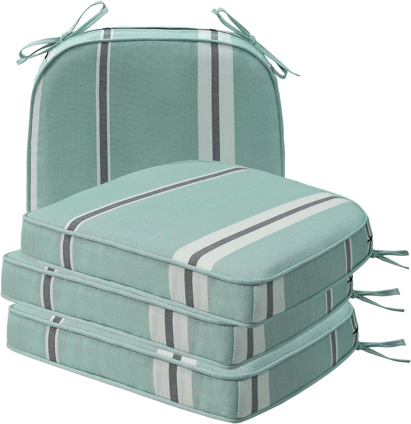 Round Corner Seat Cushions, 17" x 16" x 2", Set of 4, Indoor Outdoor Water Repellent Universal Chair Pads with Ties for Patio Furniture, Garden Deck Dining Chairs, Aqua Stripe