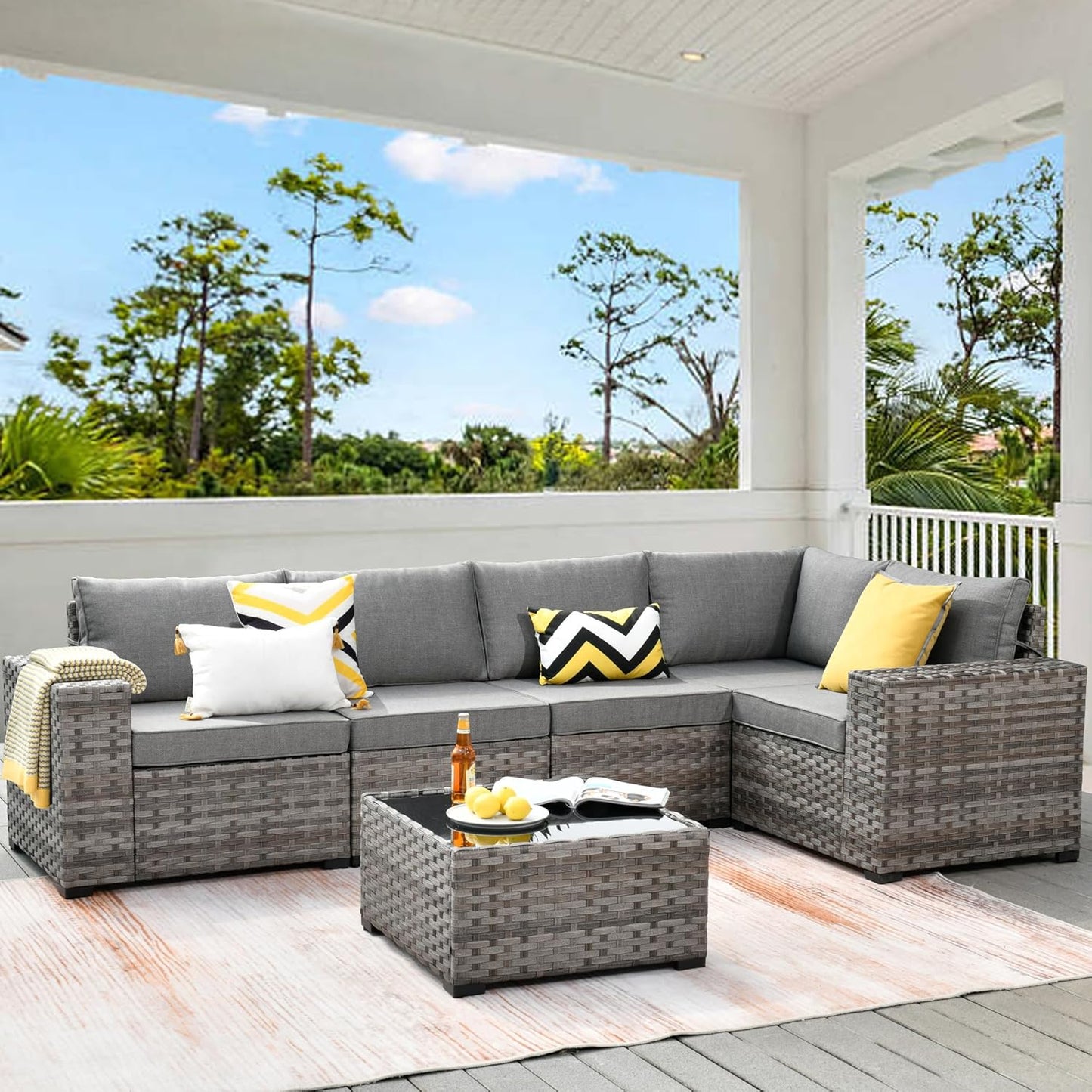 HOOOWOOO Modular Patio Outdoor Sectional Furniture Set,6 Piece Wicker Conversation Sofa Set,Out Door Couch Set with Wide Arm for Outside All Weather(Dark Grey)