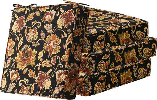 Square Corner Seat Cushions, 19" x 19" x 3", Set of 4, Indoor Outdoor Water Repellent Universal Chair Pads with Ties for Patio Furniture, Garden Deck Dining Chairs, Red Yellow Vine Flower