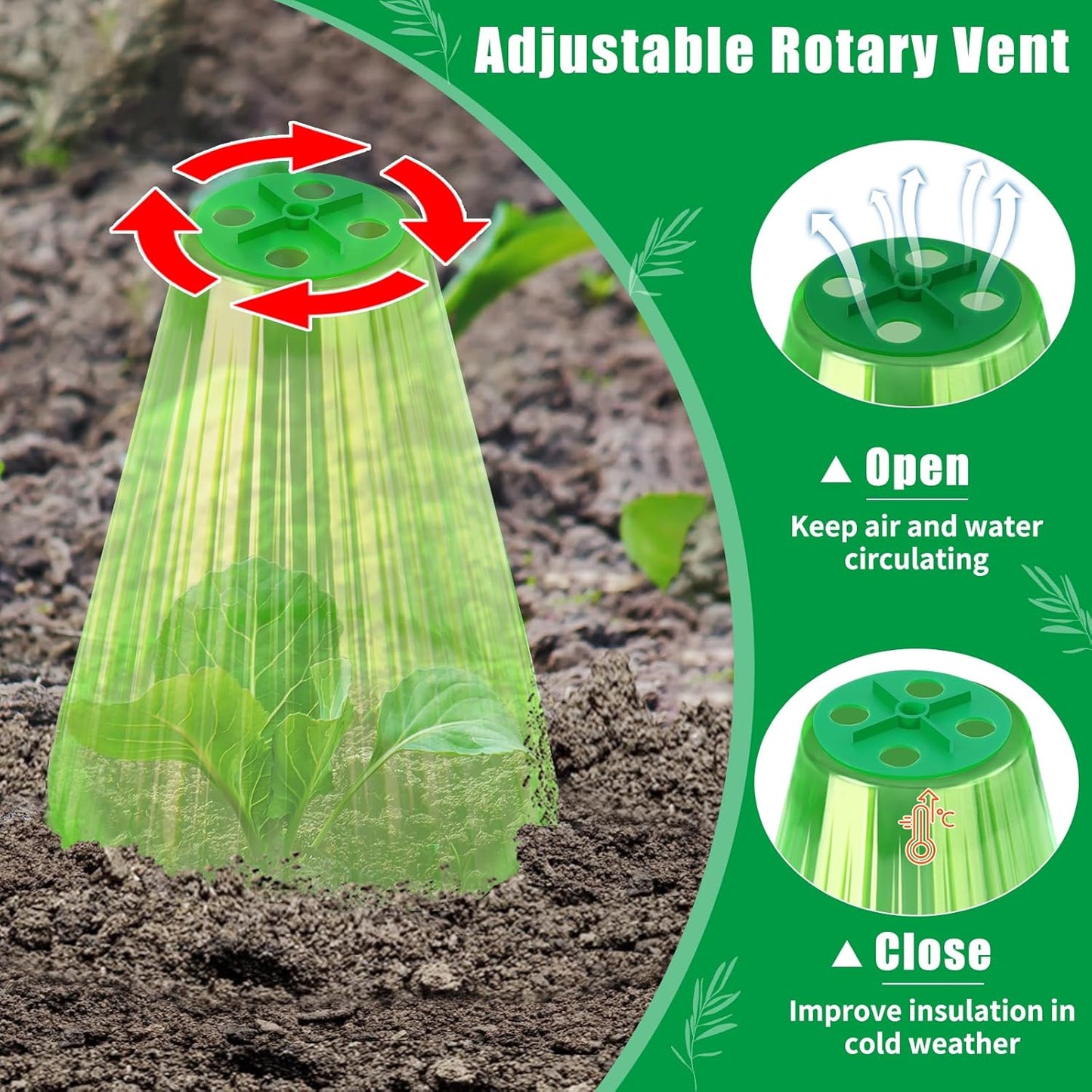 UQM 20 Pack Garden Cloches for Plants, Reusable Bell Plant Protector with Rotary Vent Cover, Garden Protection from Animals Snails Birds Chickens Insect, 9.18" H X 7.56" D (Green)