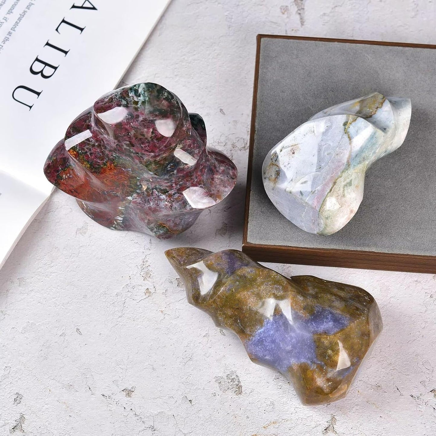 AMOYSTONE Ocean Jasper Flame Shaped Stone Towers Obelisk Natural Healing Crystal Quartz Reiki Energy Decoration Home Office Decor 2.2-2.8LBS