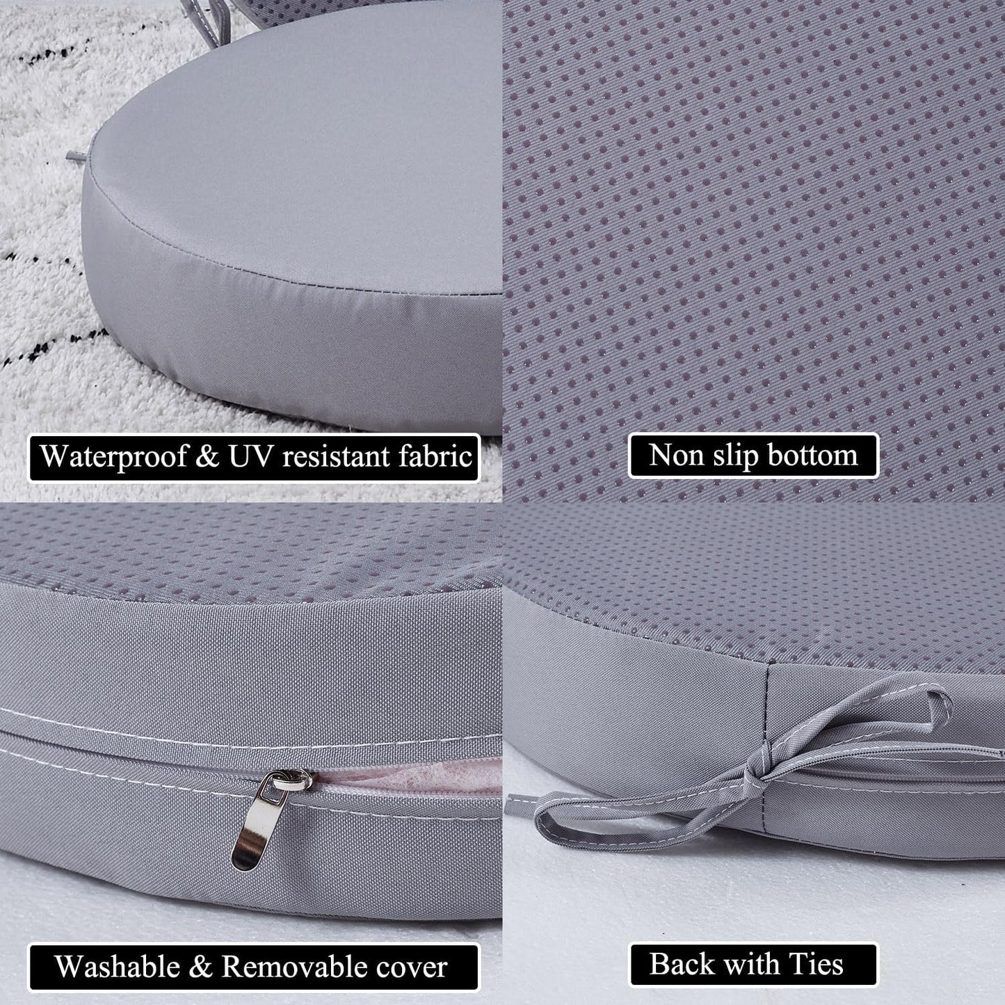 15 x 15 Inch Round Cushions for Outdoor Furniture Non-Slip Waterproof Patio Bistro Chair Cushion with Ties Bar Stool Seat Cushion for Kitchen Chairs Set of 2, Light Gray