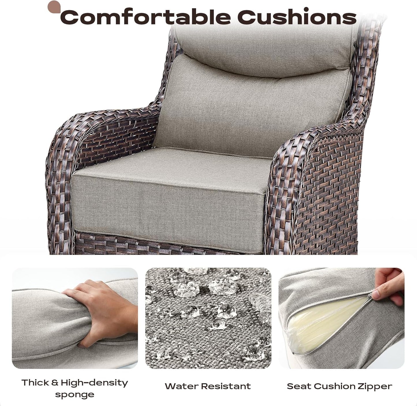 Outdoor Patio Swivel Rocker Chairs Set of 2, Waterproof Wicker, High Back, Deep Seating, Wide Armrest, Upgraded 6 inch Thick Cushions, Ideal for Deck Porch Backyard, Brown/Beige