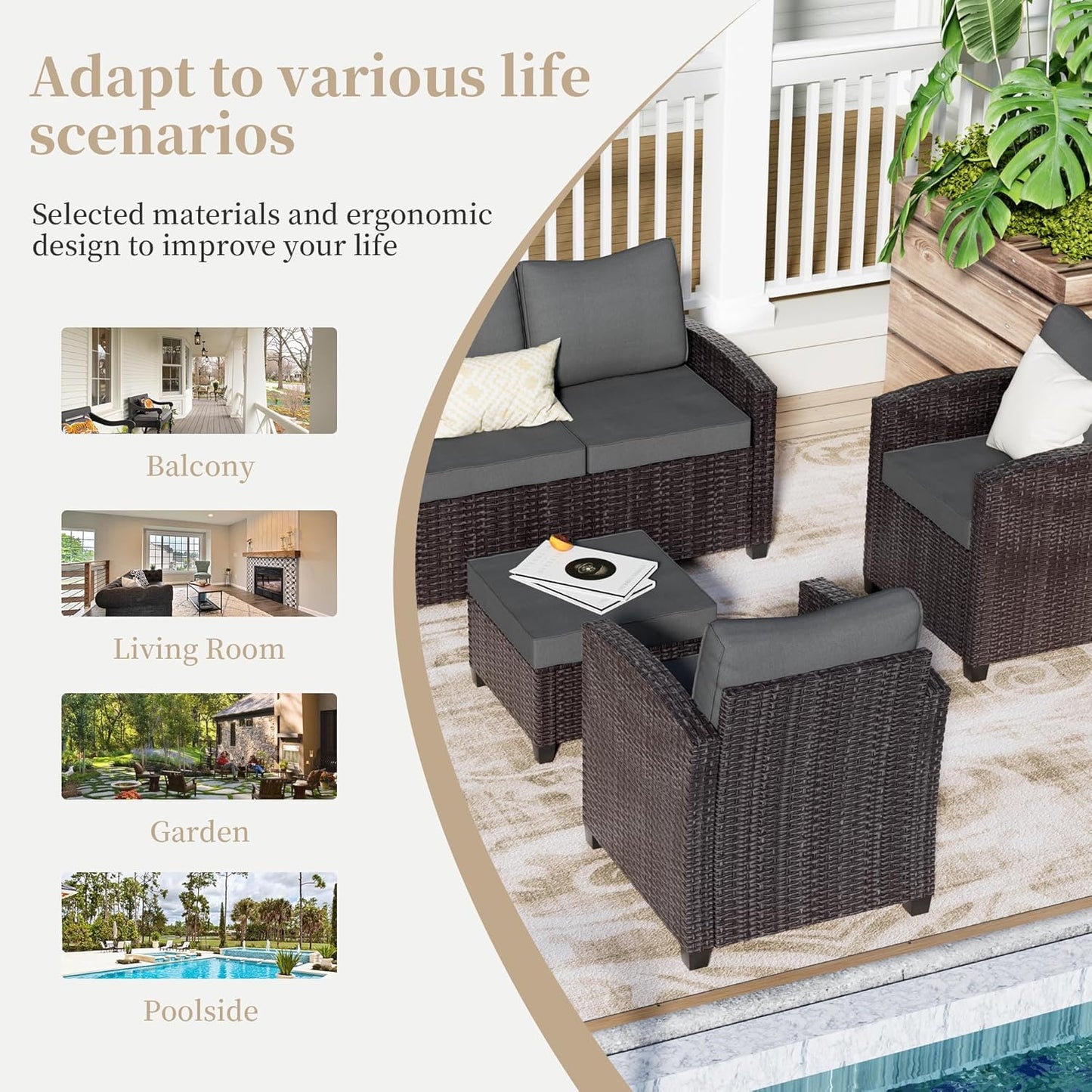 Outdoor Patio Sectional Sofa Set, 4-Piece Rattan Furniture, Patio Conversation Sets with Fire Pit, Swivel Sofa, Seats 2, Light Grey