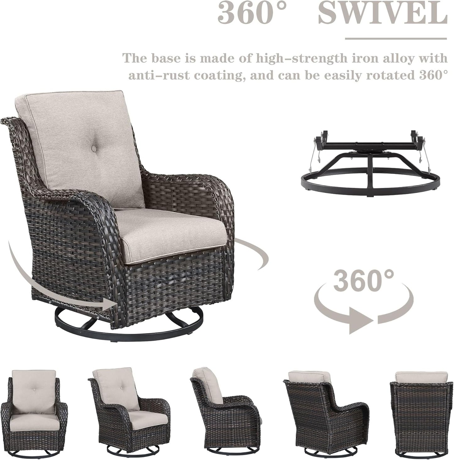 Wicker Outdoor Furniture Patio Furniture Set - 6 Piece Patio Conversation Set with Swivel Rocker Chairs, Rattan Sofa, Ottomans and Coffee Table, Beige Cushion