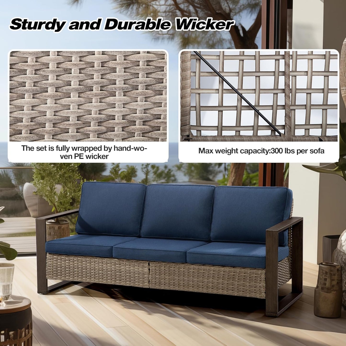 Joyside Outdoor Patio Wicker Sofa, 3-Seater Rattan Sofa with Thick Olefin Cushions and Metal Steel Rectangular Framed Armrest -Looking Metal Armrest Suitable for Garden, Backyard, Porch, Deck (Blue)