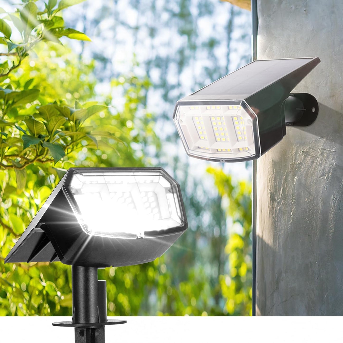 Solar Spot Lights Outdoor Waterproof Landscape Spotlights 63 LEDs 3 Lighting Modes IP65 Solar Spot Lights for Backyard, Outside, Garden, House, Garge-2 Pack Warm White