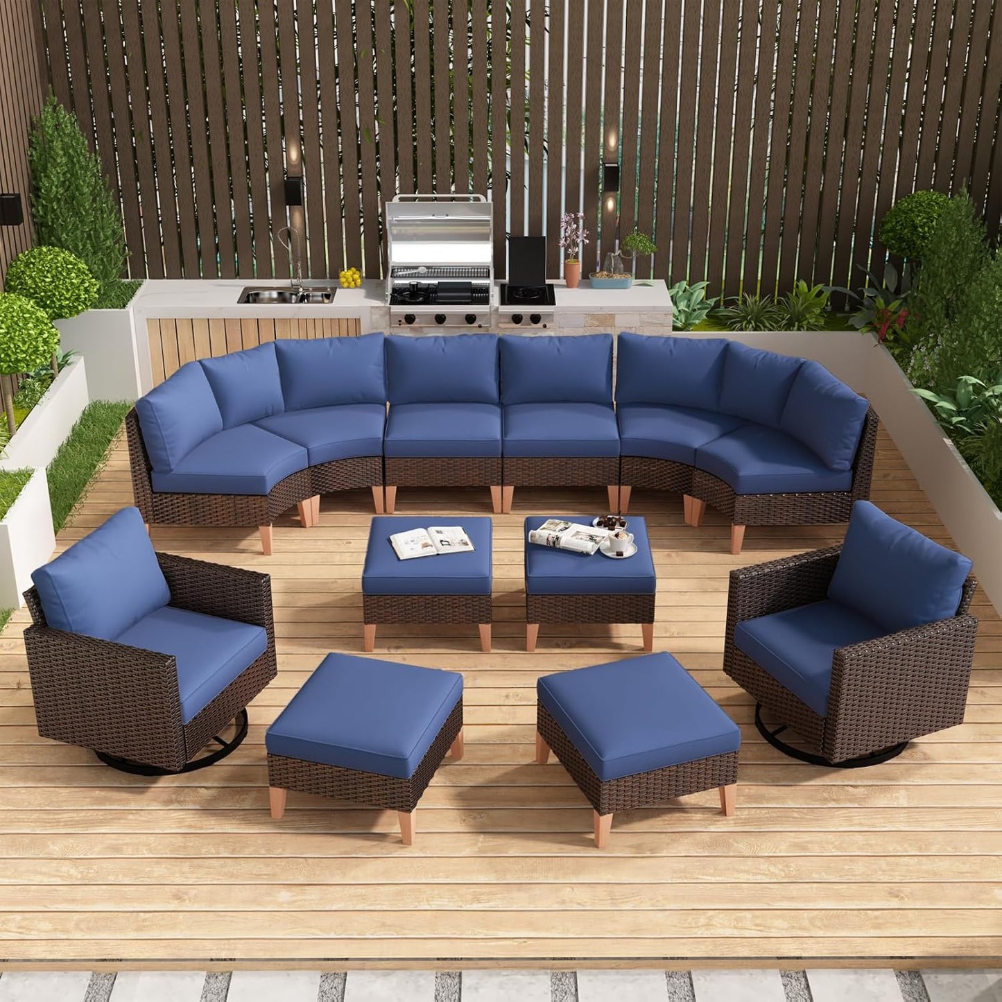 HUMMUH 12 Pieces Patio Furniture Set,Outdoor Half-Moon Sectional Couches Swivel Patio Chairs with Ottomans,All Weather PE Wicker Patio Conversation Sets for Garden Porch Backyard