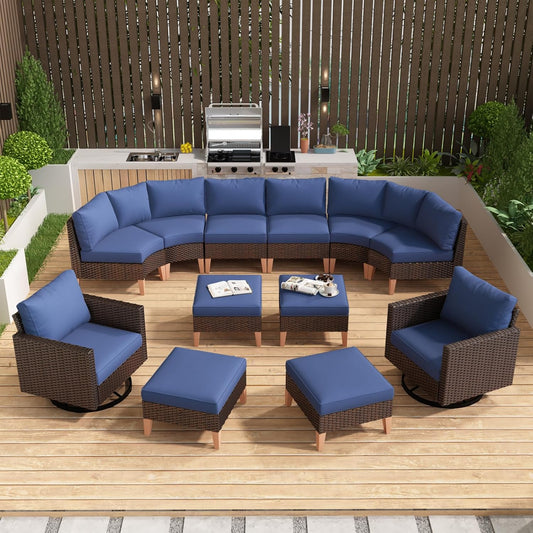 HUMMUH 12 Pieces Patio Furniture Set,Outdoor Half-Moon Sectional Couches Swivel Patio Chairs with Ottomans,All Weather PE Wicker Patio Conversation Sets for Garden Porch Backyard