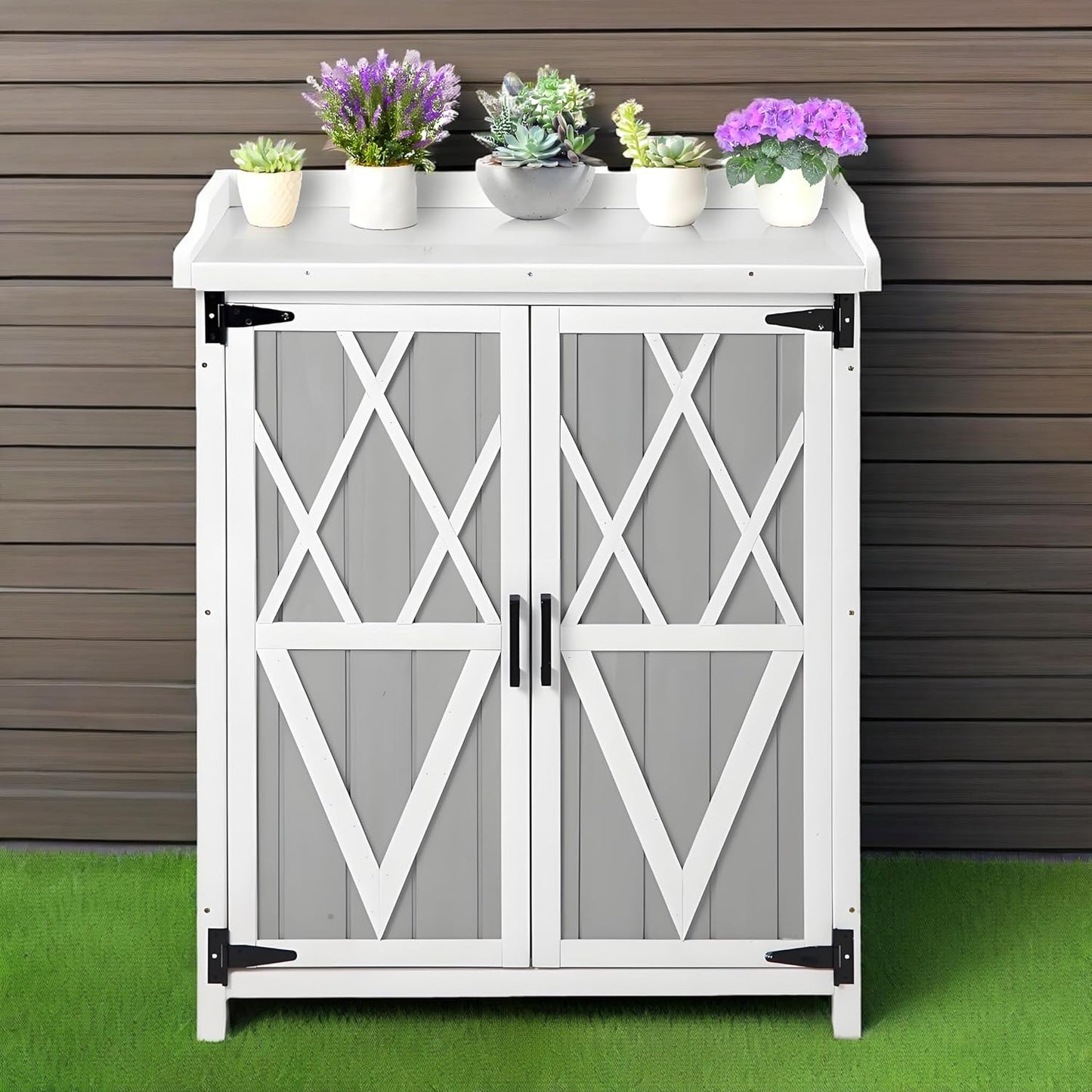 Outdoor Cabinet with Metal Tabletop Garden Potting Bench Table - Outdoor Garden Patio Wooden Storage Cabinet with Adjustable Shelf, Wooden Storage Cabinets, Weatherproof for Garden Patio Lawn