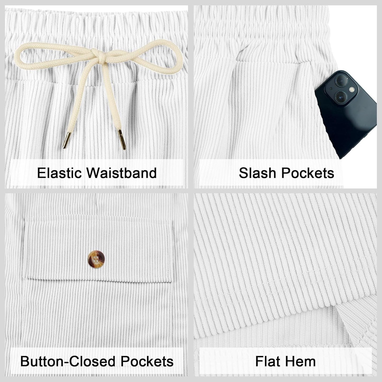 Mens Cargo Shorts Casual Drawstring Elastic Waist Corduroy Summer Beach Shorts with Pockets