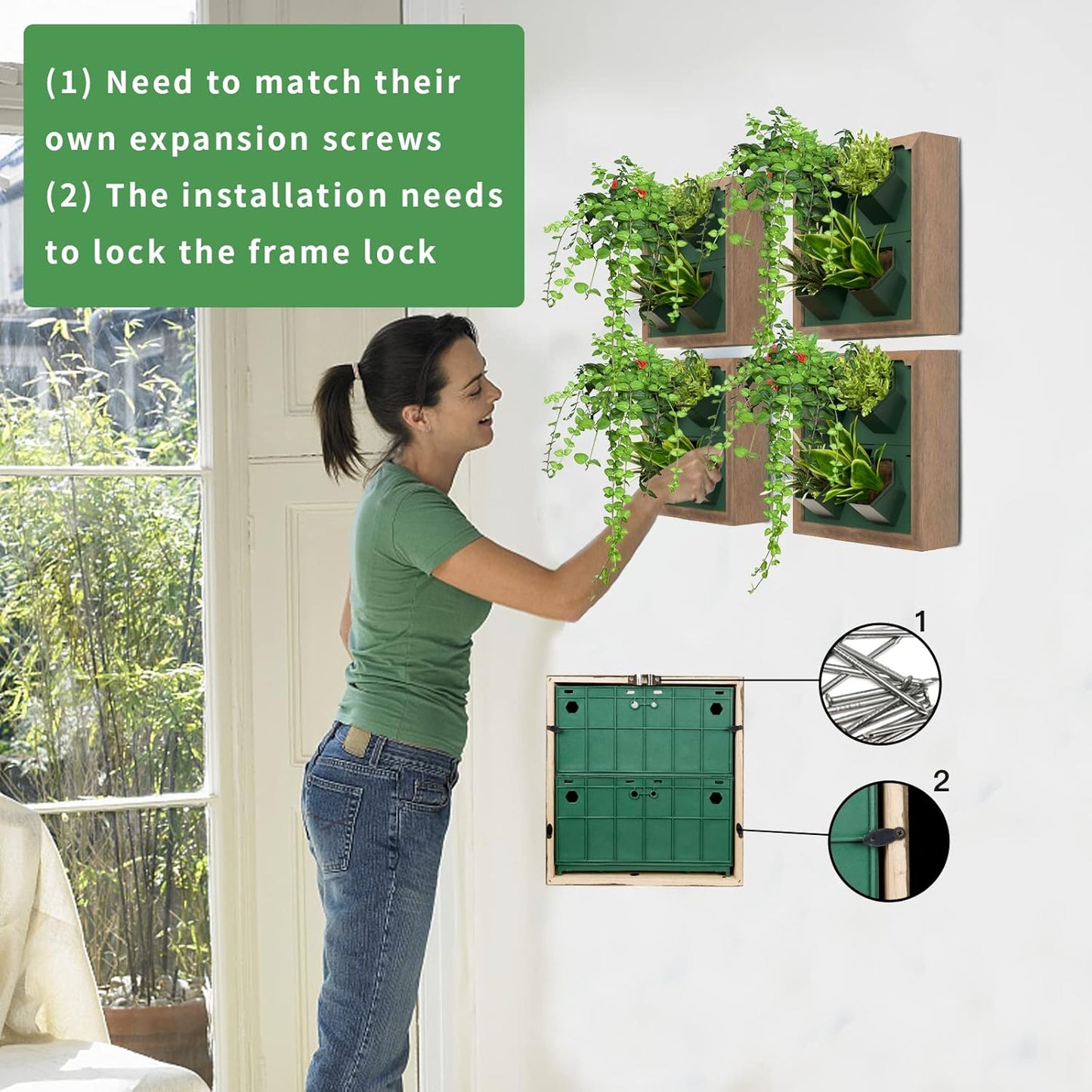 Vertical Wall Planter, 4 Pots Self Watering Living Planters Indoor, Wooden Frame Planter Wall Decoration Home Office (No Screw)