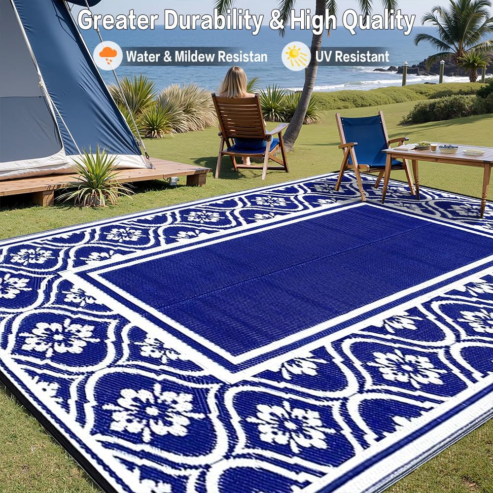 RV Outdoor Rug Waterproof Mat 9'x12' Camping Carpet Outside Area Rugs Reversible Light Blue Rugs for Deck Entryance Porch Picnic Balcony Beach