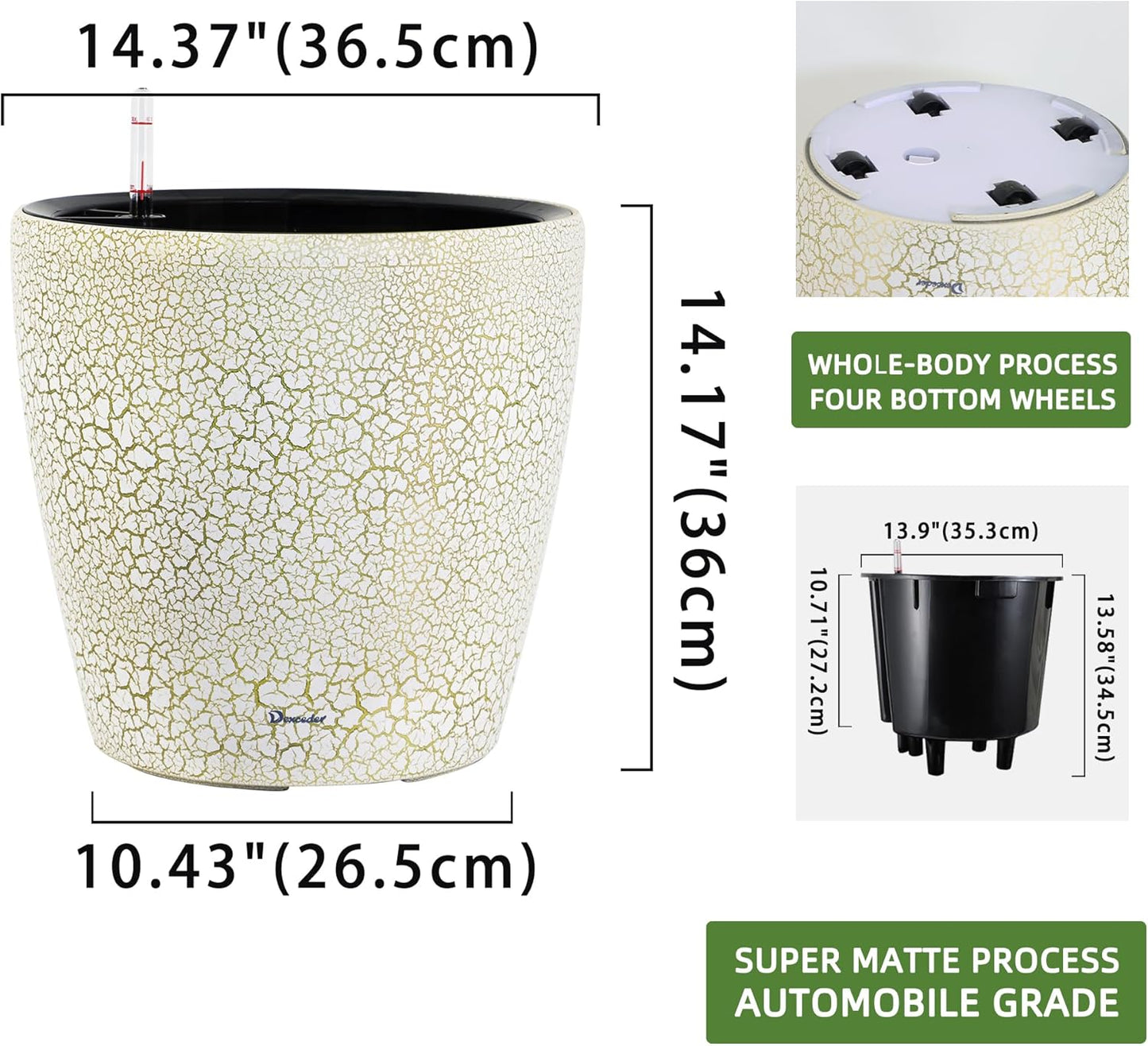 Dexceder 15x14 Self Watering Planter with Wheels Indoor Outdoor, Inner Pot Design, Thickened Large Floor Standing Flower Plant Pot with Water Level Indicator (White Gold Crackle)