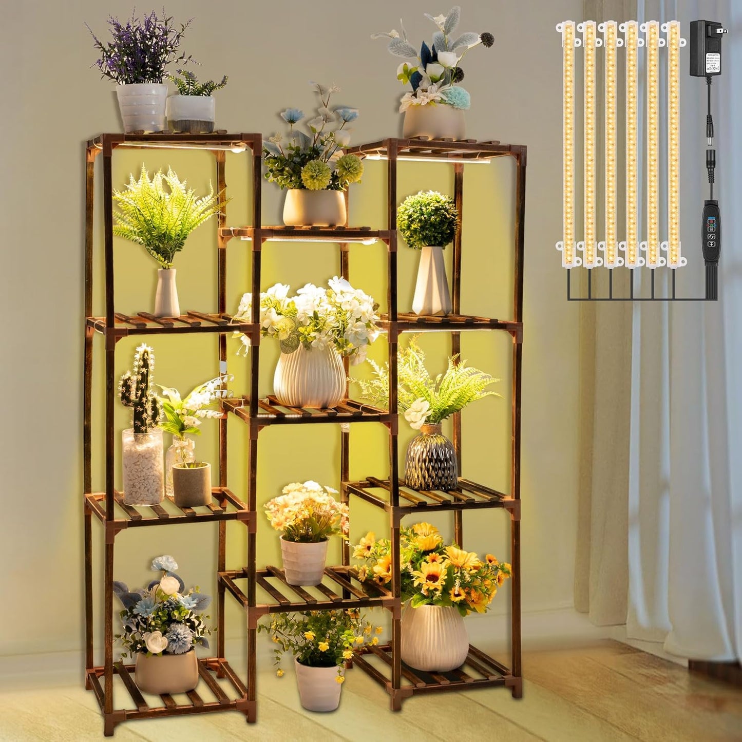 Dreyoo Plant Stand with Grow Lights, Wood Plant Shelf with Full Spectrum Grow Lamp for Indoor Corner, Vintage Multi Layer Lighted Stand for Living Room Balcony Display(11 Tiered Shape)