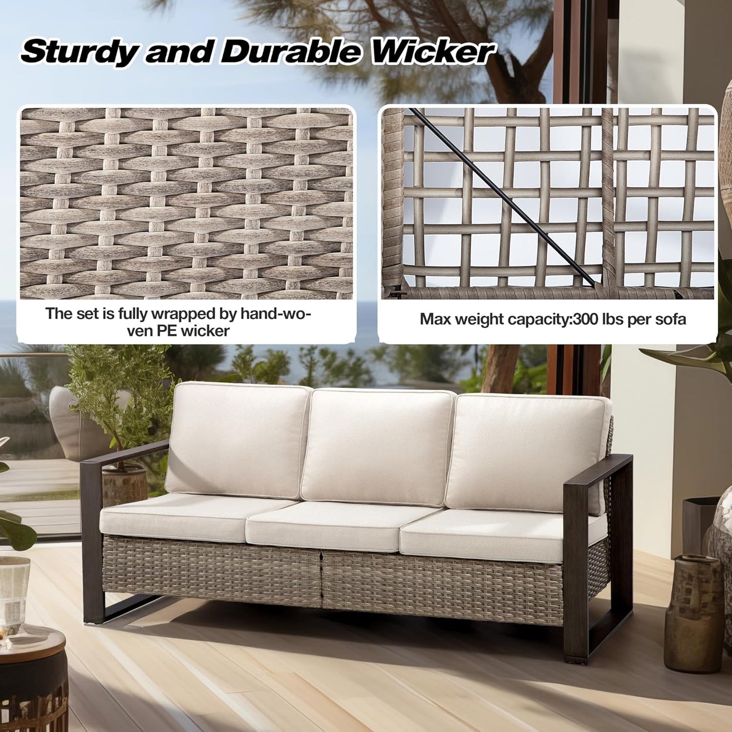 Joyside Outdoor Patio Wicker Sofa, 3-Seater Rattan Sofa with Thick Olefin Cushions and Metal Steel Rectangular Framed Armrest -Looking Metal Armrest Suitable for Garden, Backyard, Porch, Deck (Beige)