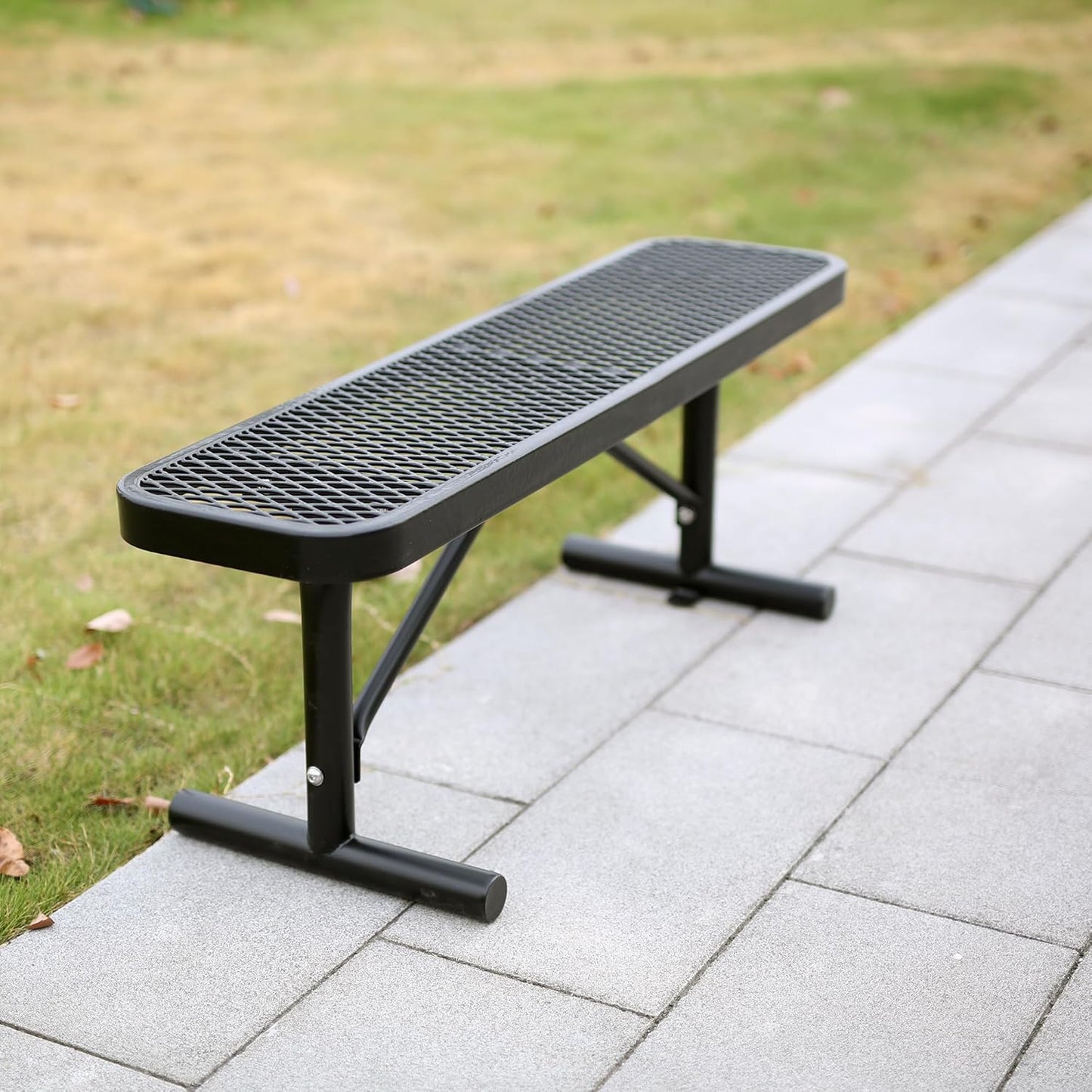 4 Feet Metal Park Bench for Outside, Outdoor Heavy Duty Garden Bench with Portable Frame, Commercial Benches for Shopping Mall, Store, Park, Patio, Deck, Black