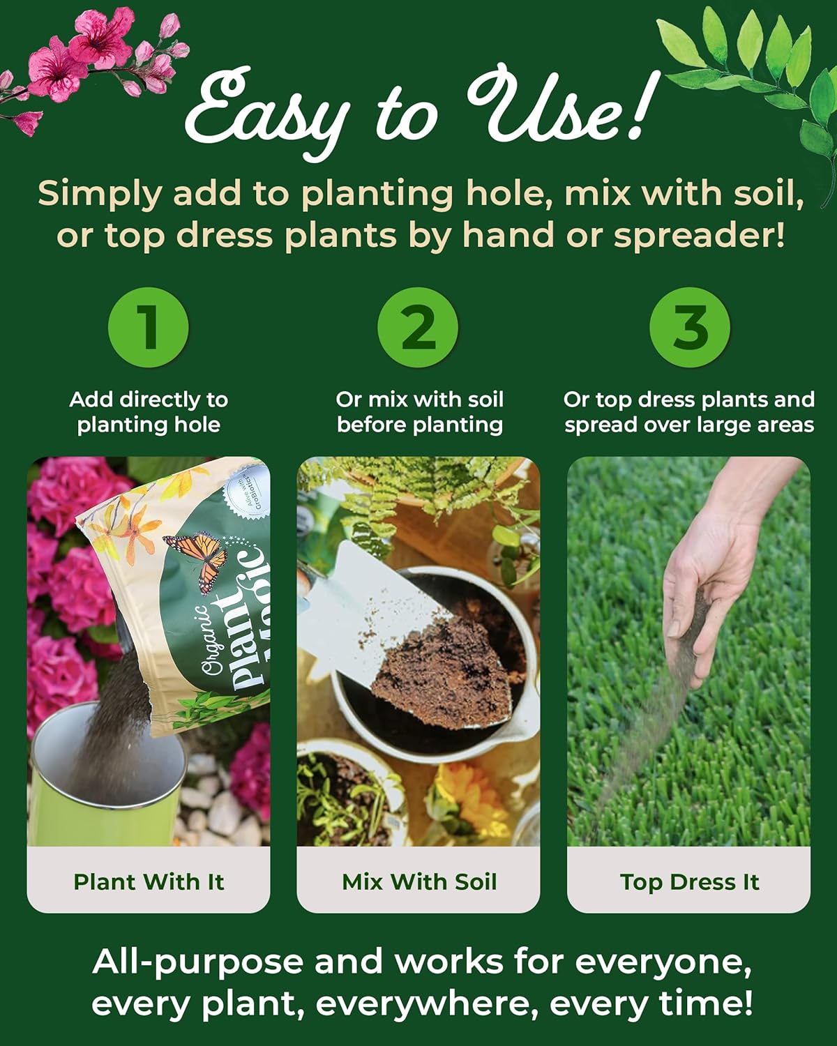 Organic Plant Magic - Truly Organic™ Slow Release Granular Fertilizer : Long-Lasting Plant Food Granules - Indoor & Outdoor Flowers, Vegetable Gardens, Fruit Trees, Shrubs, House Plants [One 4 lb Bag]