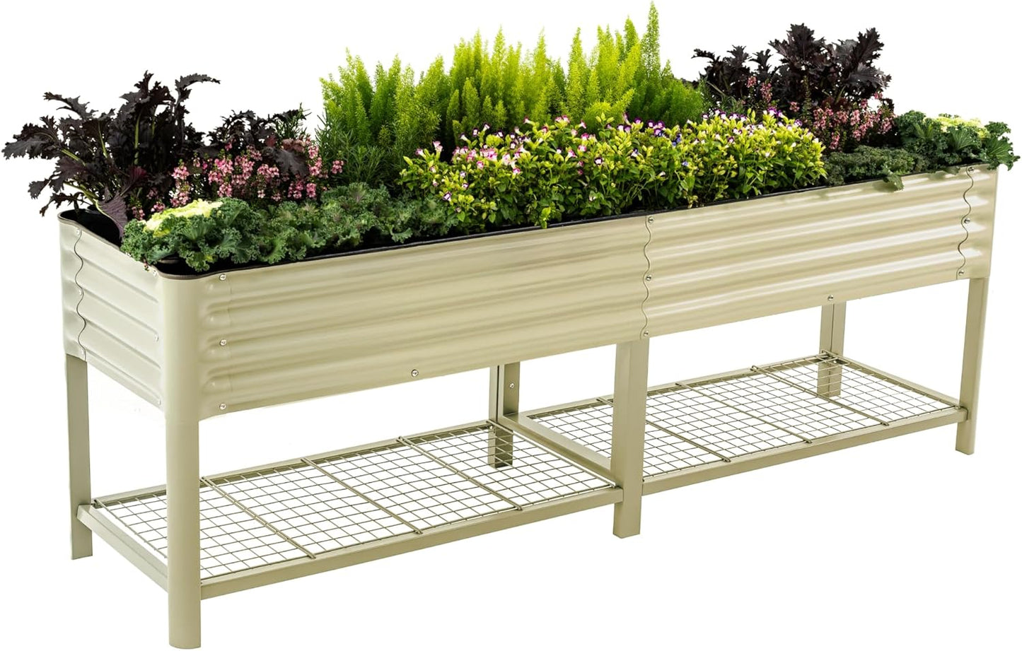 Elevated Raised Garden Bed-V Series, 2' x 8' Garden Beds with Legs & Storage Rack for Patio Porch, 1400 Lbs Weight Capacity, Outdoor Planter Boxes for Gardening Herbs Vegetables Flowers, Pearl White