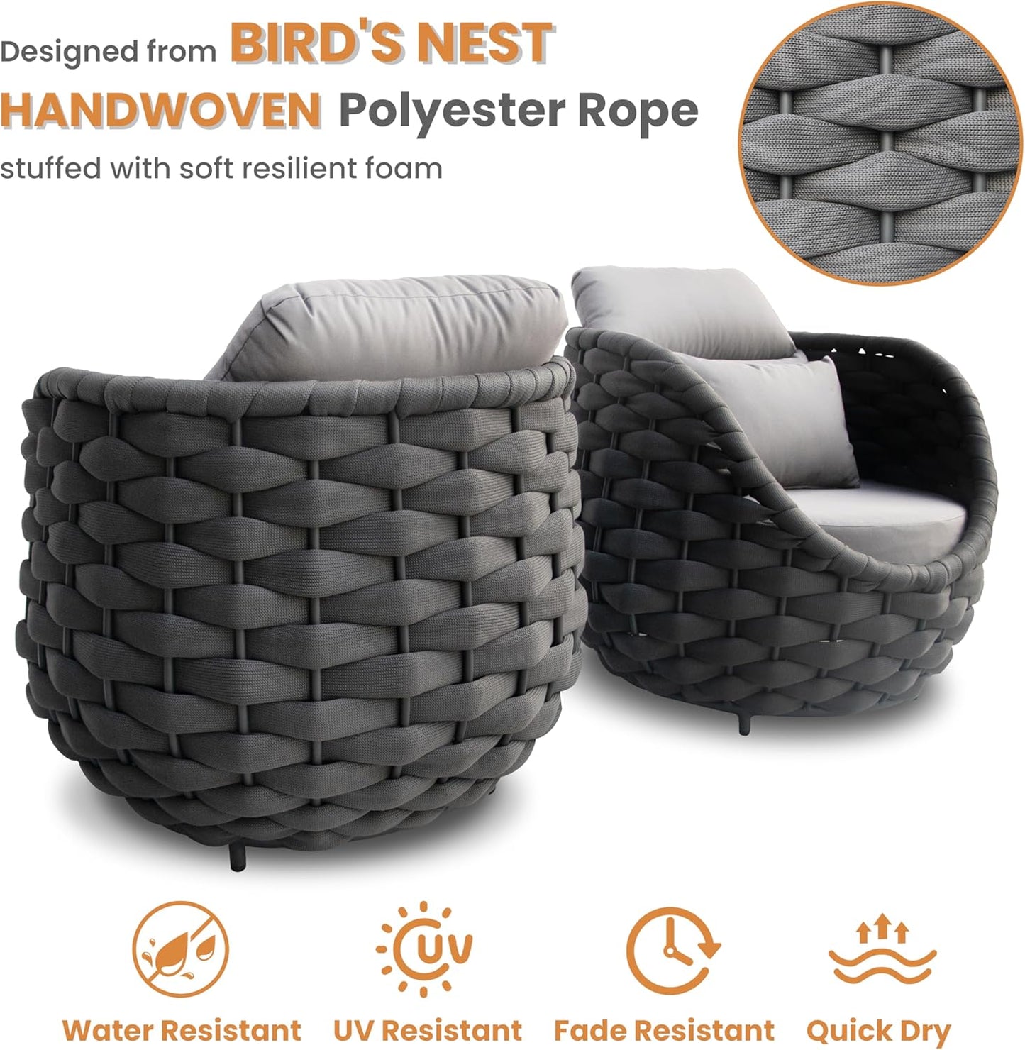 4-Piece Woven Rope Outdoor Seating Set: Alumunim Frame, No Assembly, All-Weather Accent Patio Furniture - Modern Garden Lounge Conversation Set for Backyard Deck Porch Poolside Hotel