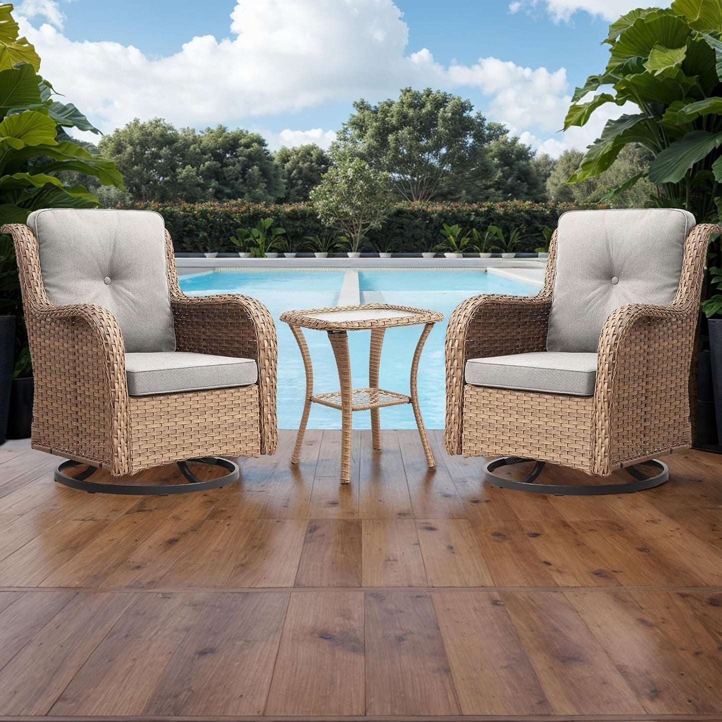 Outdoor Patio Swivel Rocker Chairs - 3 Piece Patio Bistro Set,Wicker Patio Furniture Set with 2 Swivel Rocking Chairs and 1 Glass Top Side Table for Deck Porch Garden,Yellow/Beige