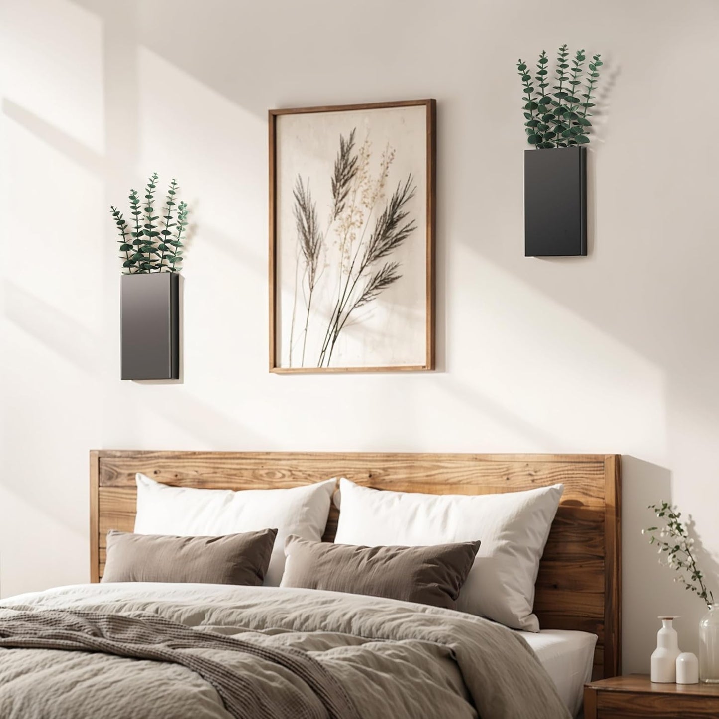 2 Pack Metal Wall Planter Vases Decor with Artificial Eucalyptus, Modern Farmhouse Rustic Hanging Pocket Planters for Indoor Greenery and Flowers, Living Room Bedroom Kitchen Decoration, Black