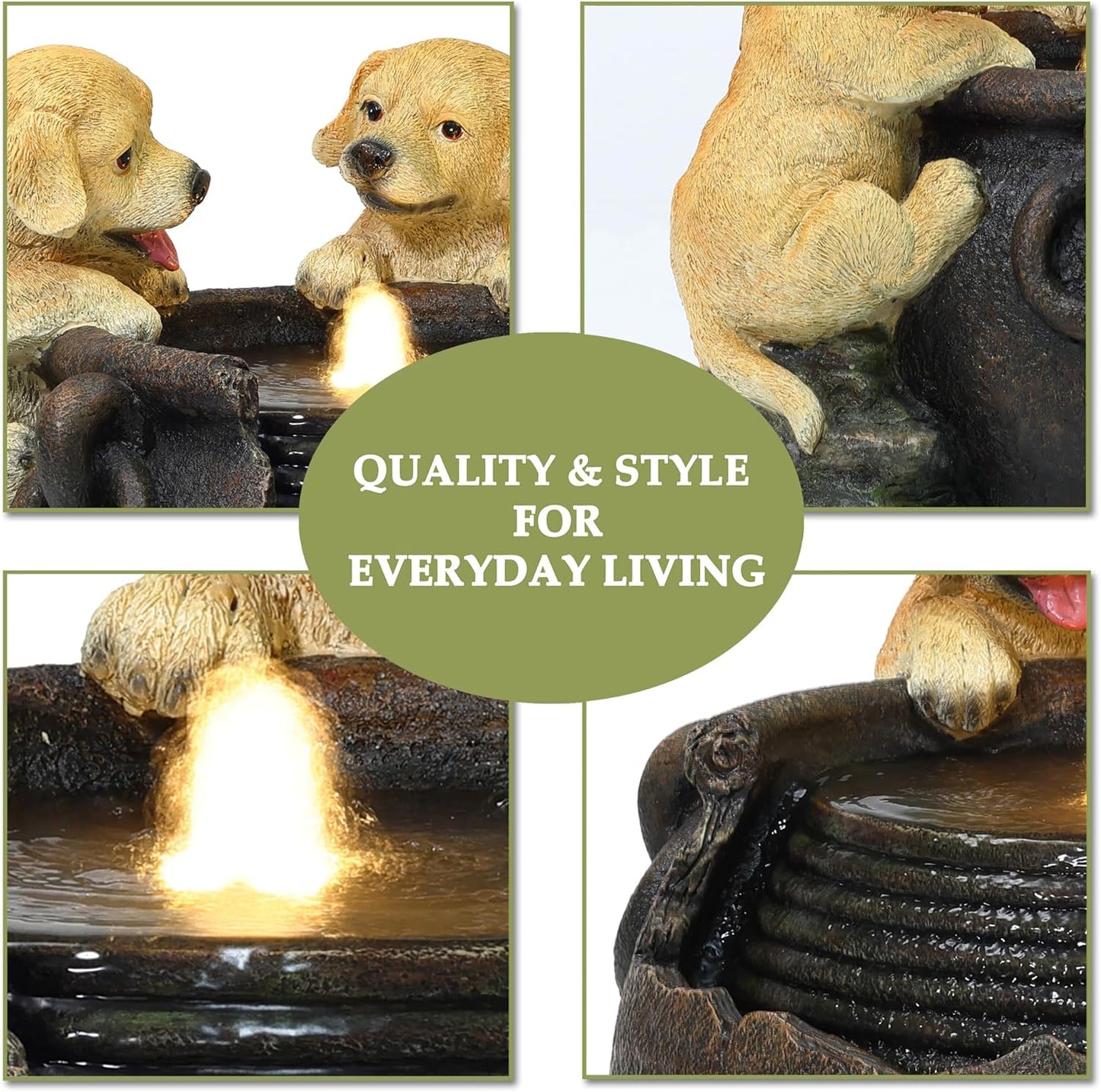 LuxenHome Outdoor Water Fountain, 16 Inch Adorable Puppies Resin Water Fountains Indoor with LED Lights, Farmhouse Waterfall Outdoor, Indoor Fountains and Waterfalls for Patio, Garden Decor