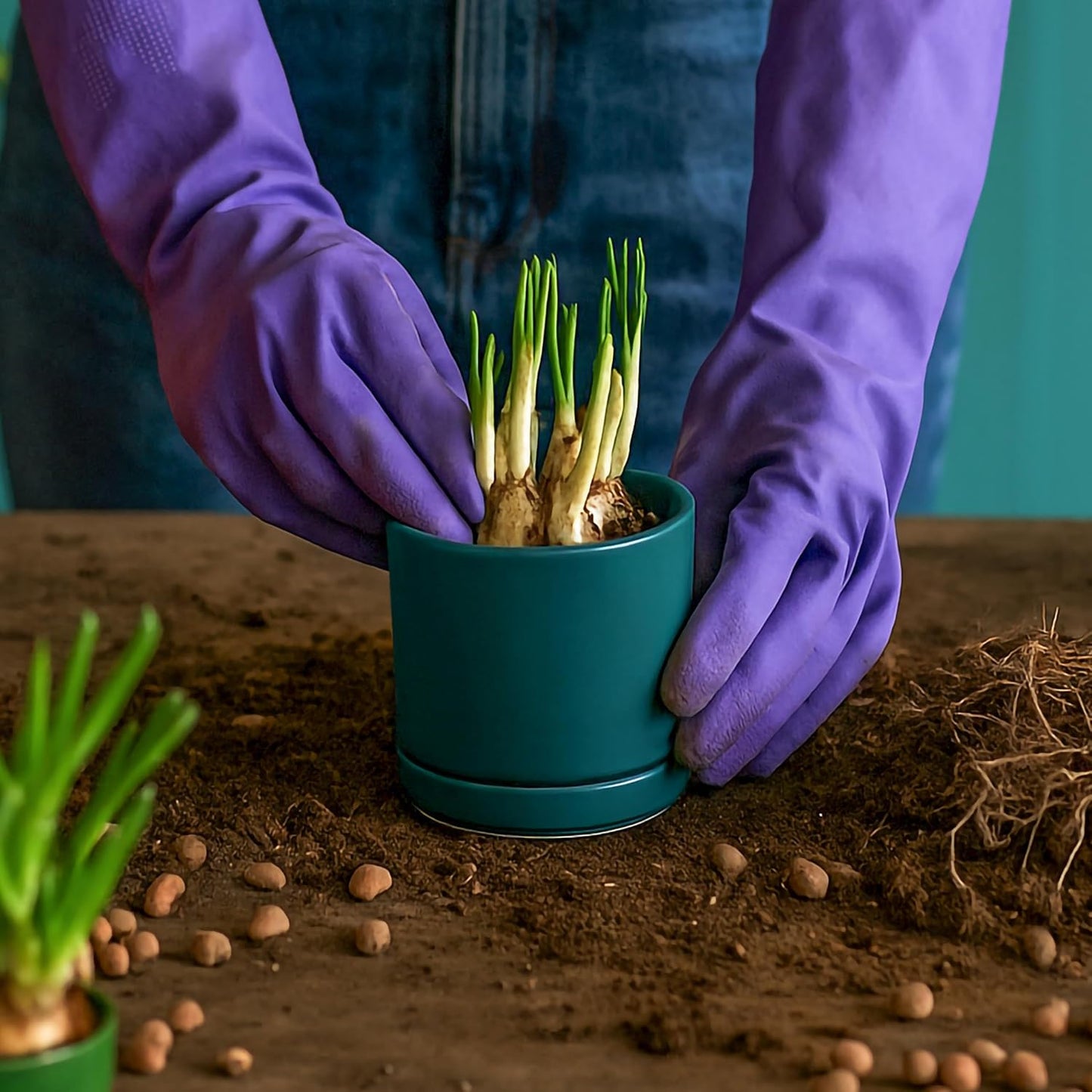 D'vine Dev 3.5 Inch Ceramic Planter Pot with Drainage Hole and Saucer, Indoor Cylinder Round Planter Pot, Teal, 94-O-A-9