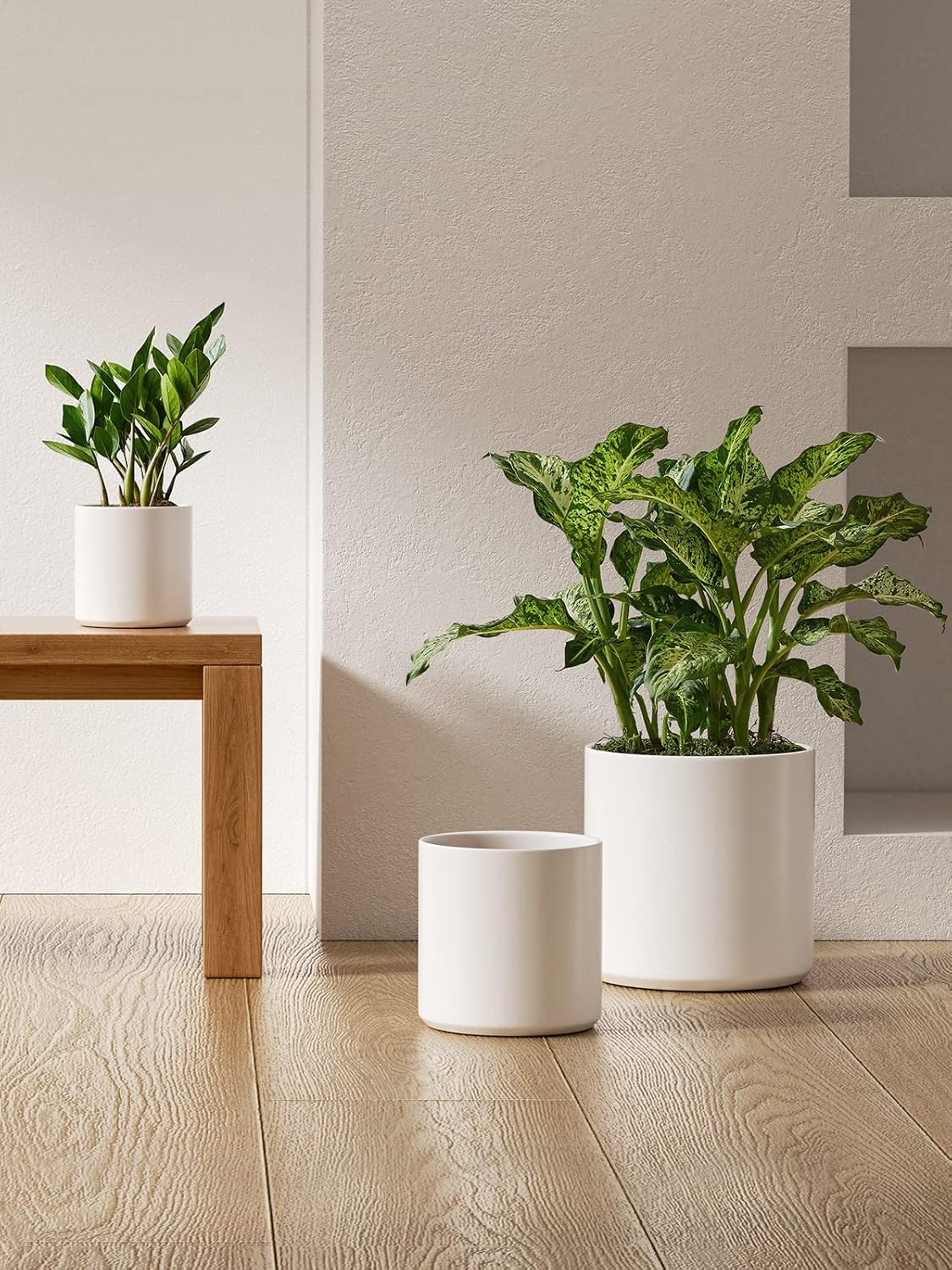 LE TAUCI Ceramic Pots for Plants, 10+8+6 Inch Indoor Plant Pots, Modern Planters for Indoor Plants Home Office, Cylinder Round Planters with Drainage Hole and Plug, Set of 3, White